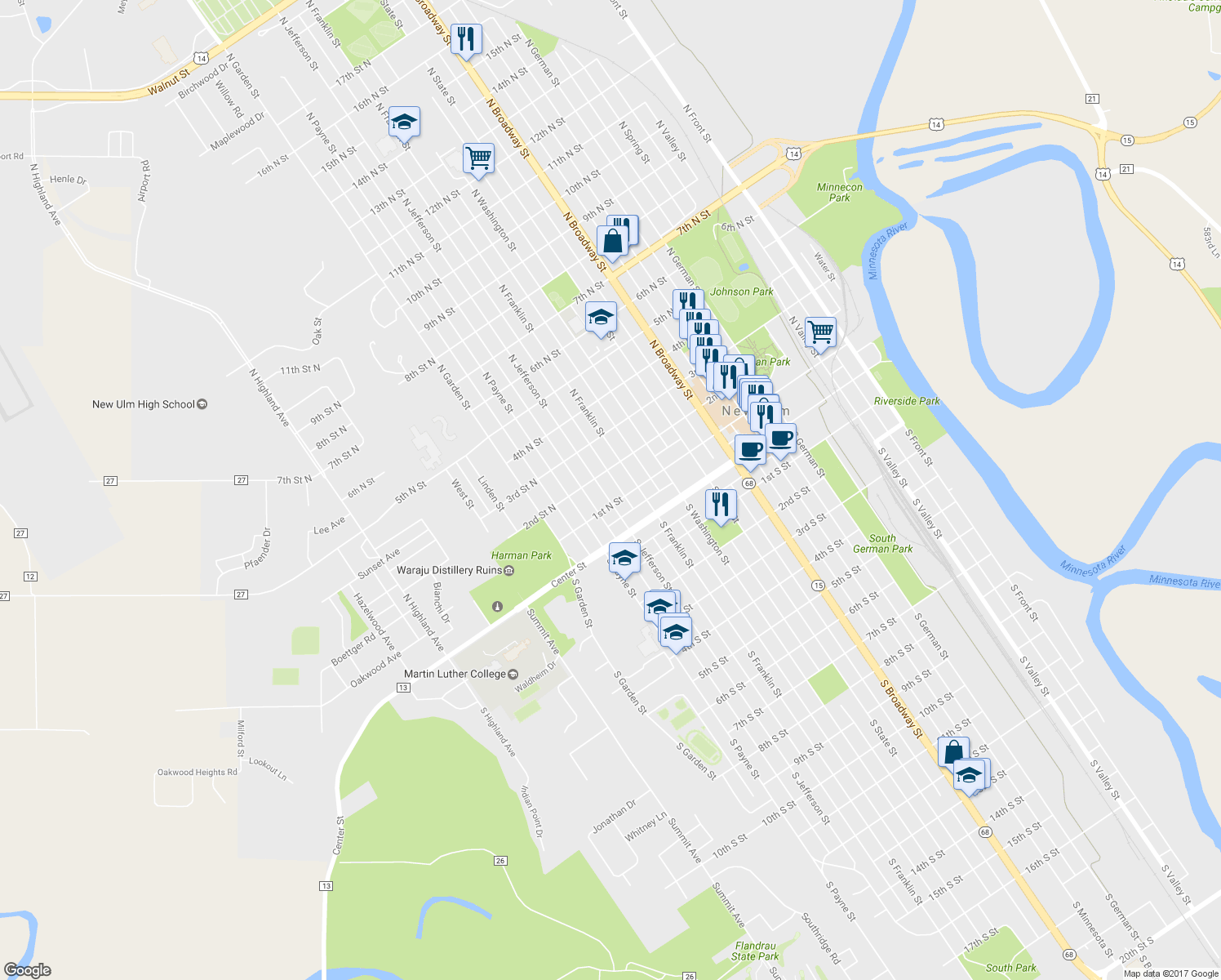 map of restaurants, bars, coffee shops, grocery stores, and more near 112 North Jefferson Street in New Ulm