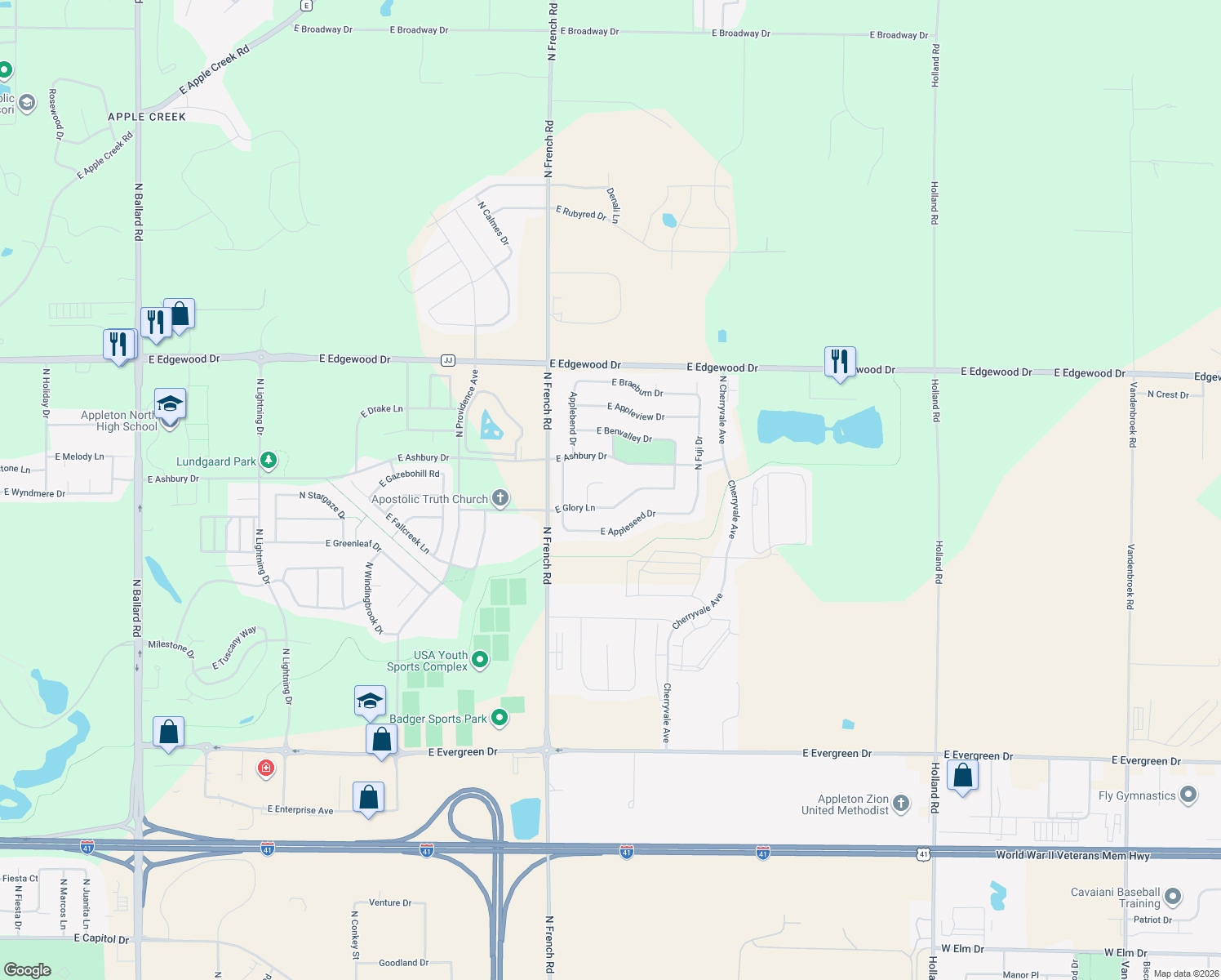 map of restaurants, bars, coffee shops, grocery stores, and more near 4824 Benview Court in Appleton