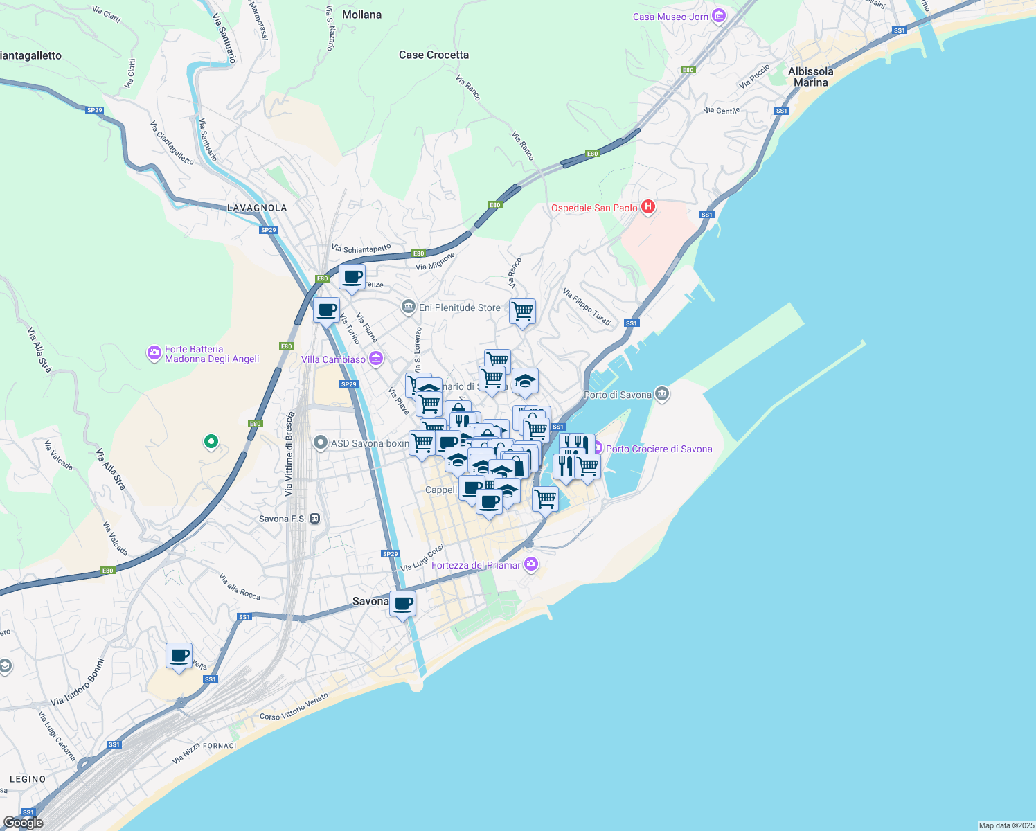map of restaurants, bars, coffee shops, grocery stores, and more near 8 Via Davide Caminati in Savona