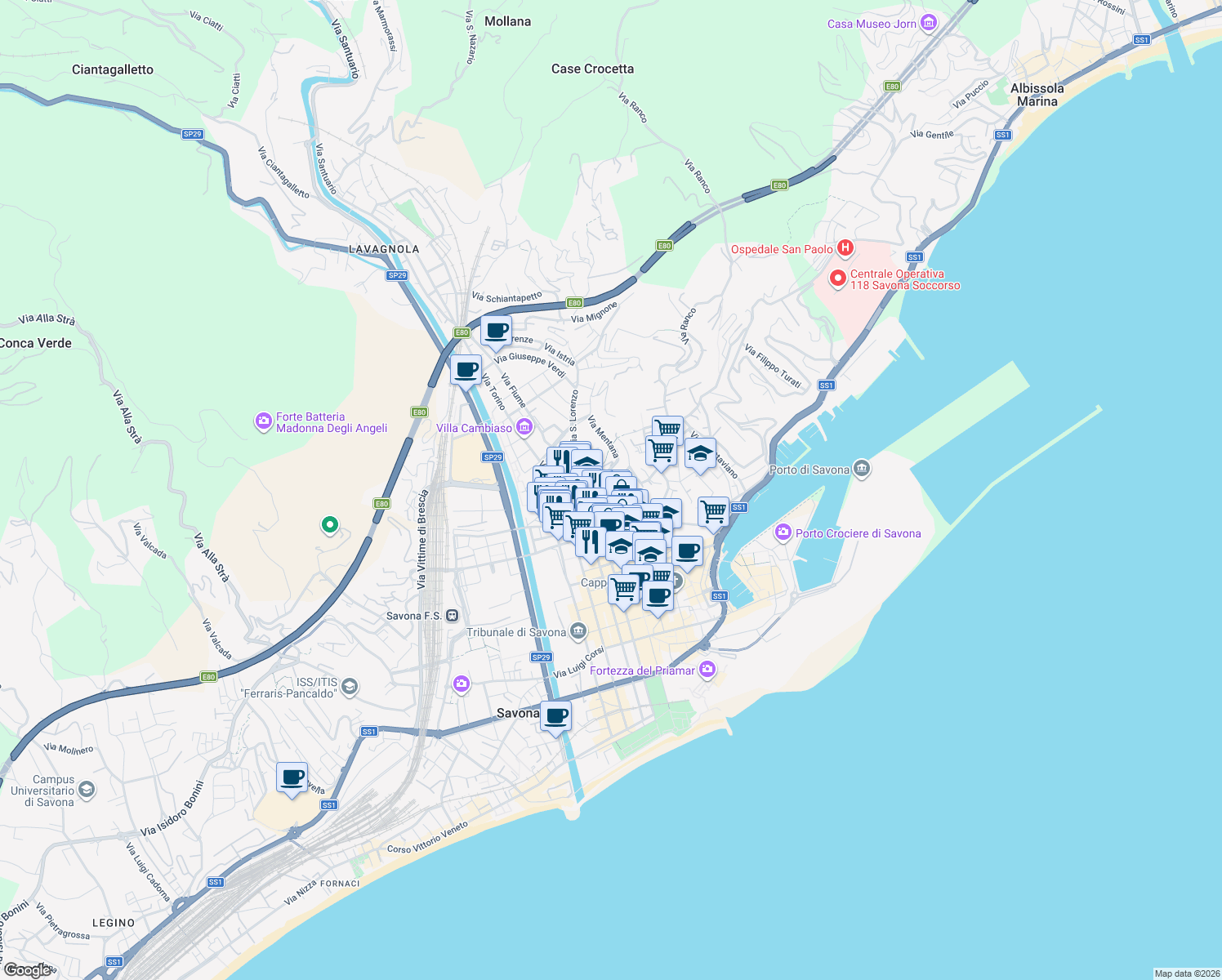 map of restaurants, bars, coffee shops, grocery stores, and more near 2 Piazza Guglielmo Marconi in Savona