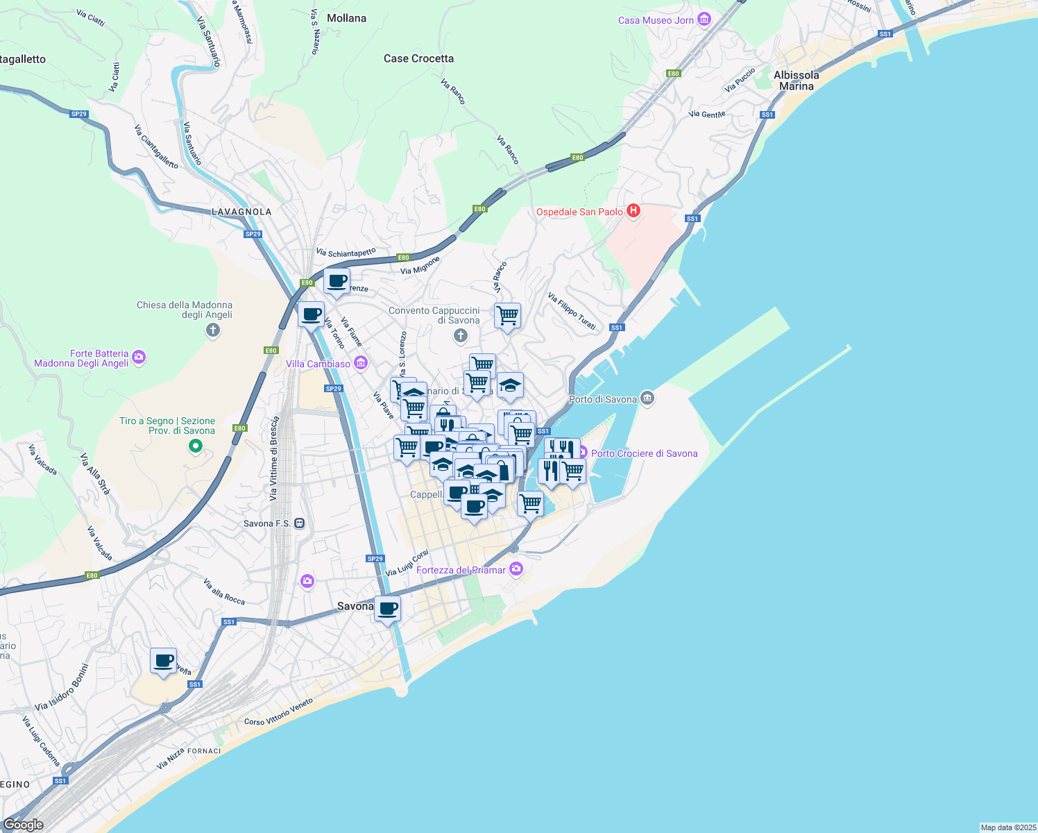 map of restaurants, bars, coffee shops, grocery stores, and more near 8 Via Davide Caminati in Savona