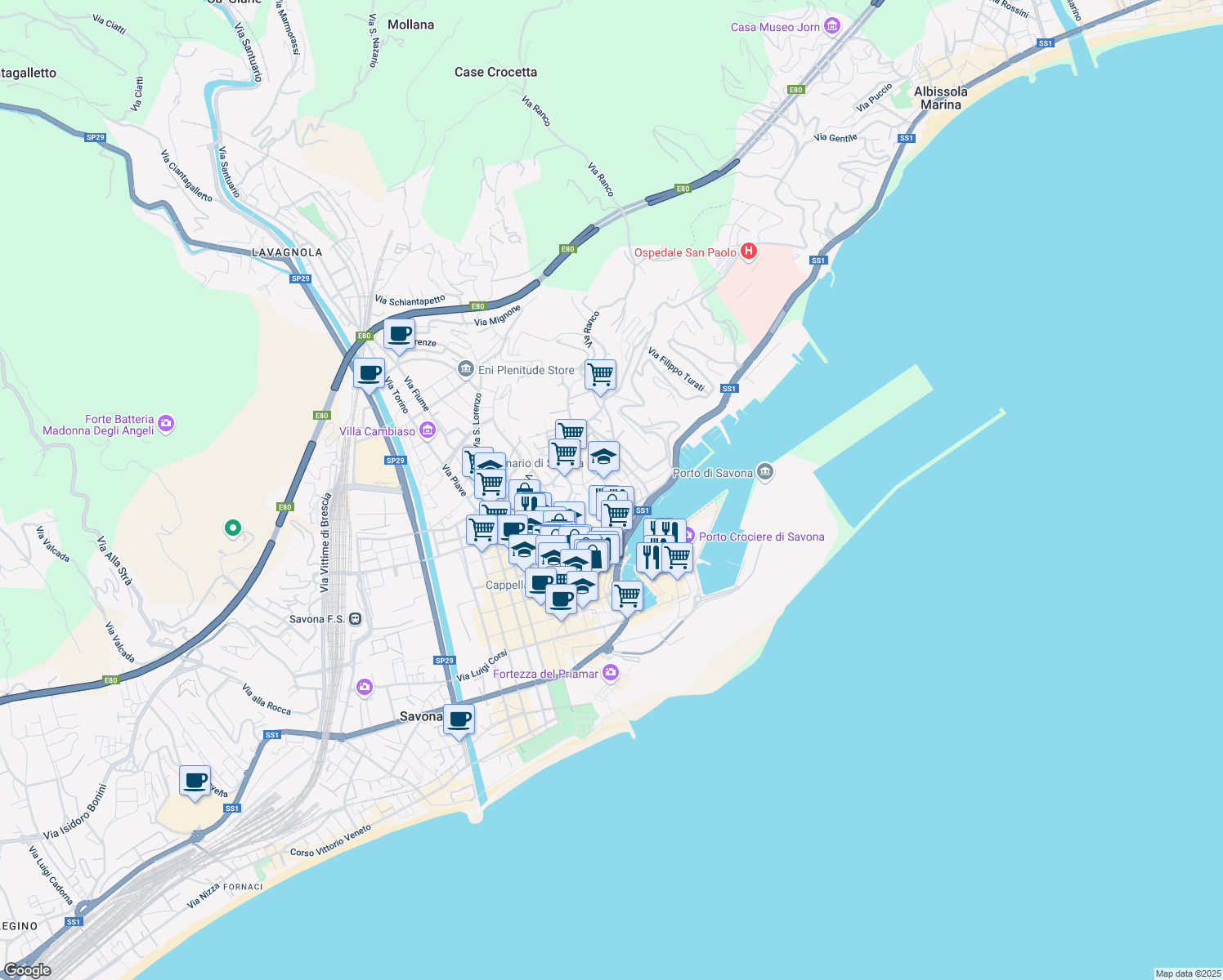 map of restaurants, bars, coffee shops, grocery stores, and more near 8 Via Davide Caminati in Savona