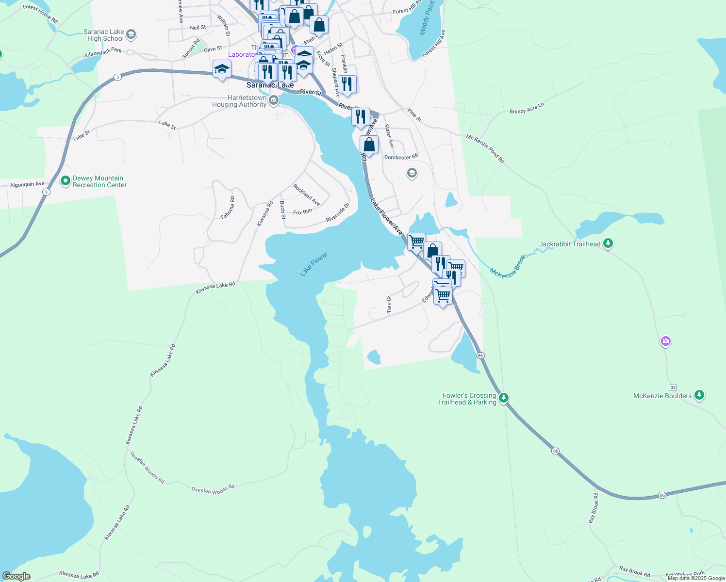 map of restaurants, bars, coffee shops, grocery stores, and more near 123 Duprey Street in Saranac Lake