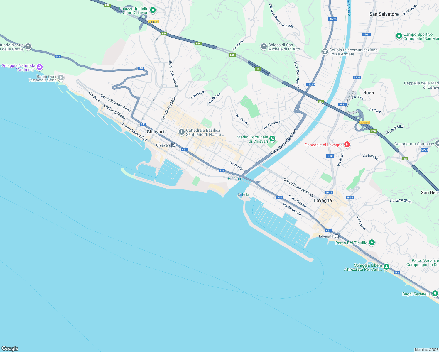 map of restaurants, bars, coffee shops, grocery stores, and more near 137 Corso Vincenzo De Michiel in Chiavari