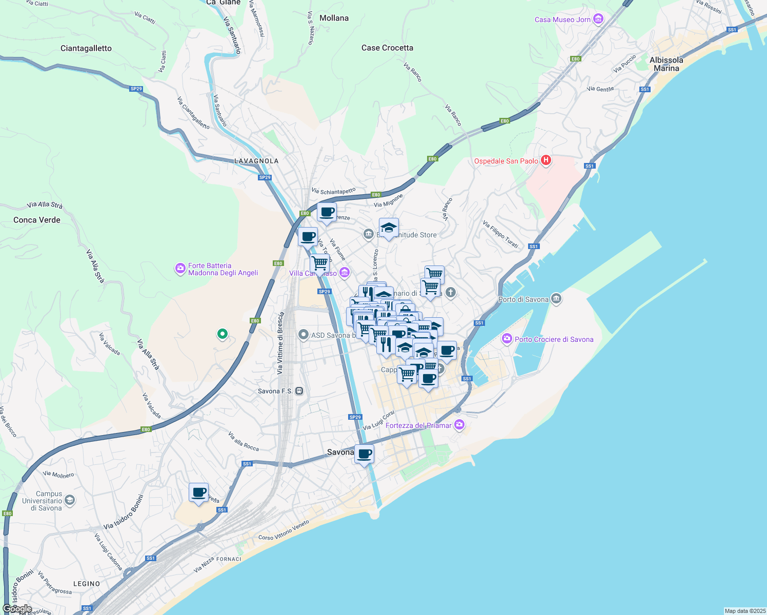 map of restaurants, bars, coffee shops, grocery stores, and more near 32 Piazza Aurelio Saffi in Savona