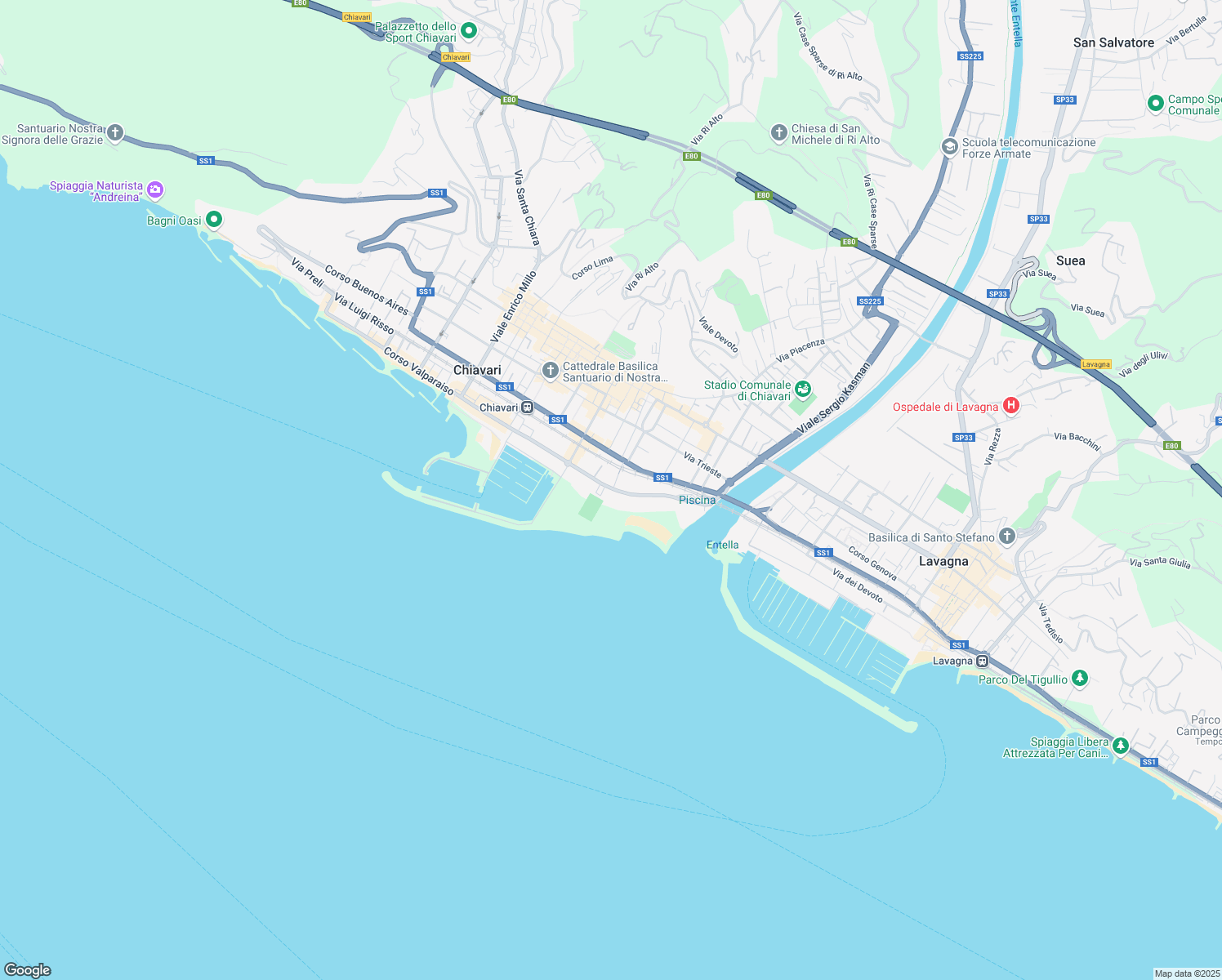map of restaurants, bars, coffee shops, grocery stores, and more near 12B Corso Cristoforo Colombo in Chiavari