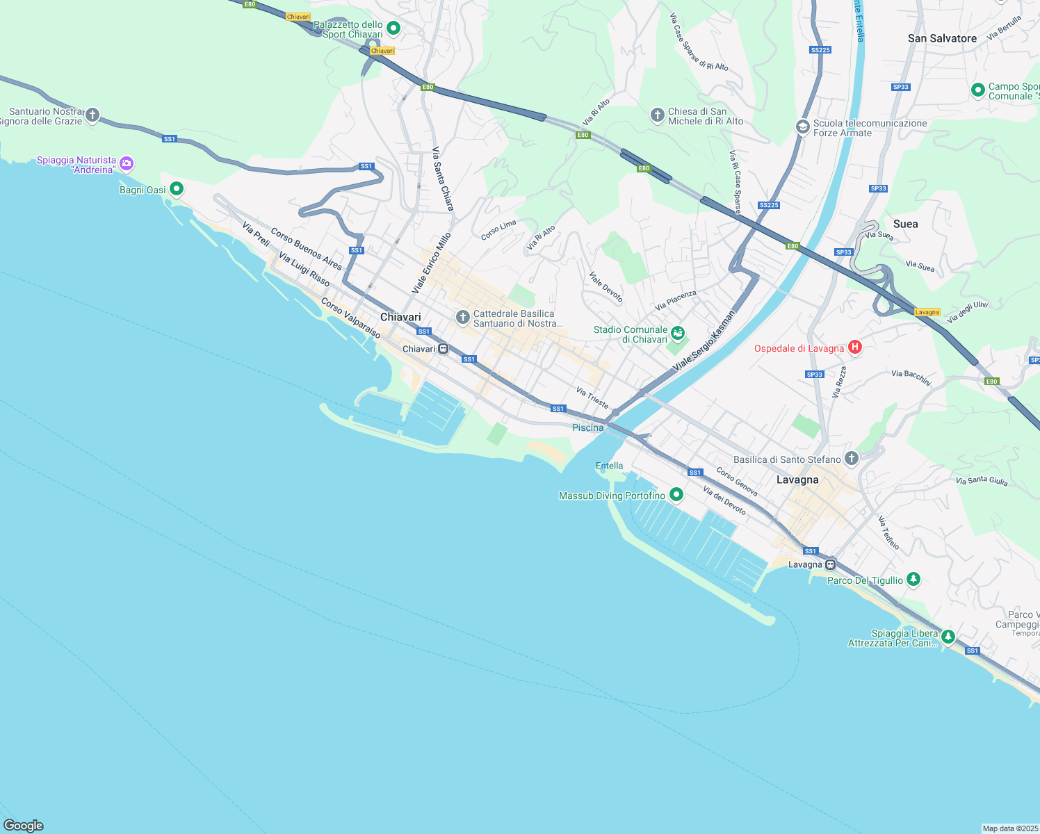 map of restaurants, bars, coffee shops, grocery stores, and more near 12B Corso Cristoforo Colombo in Chiavari