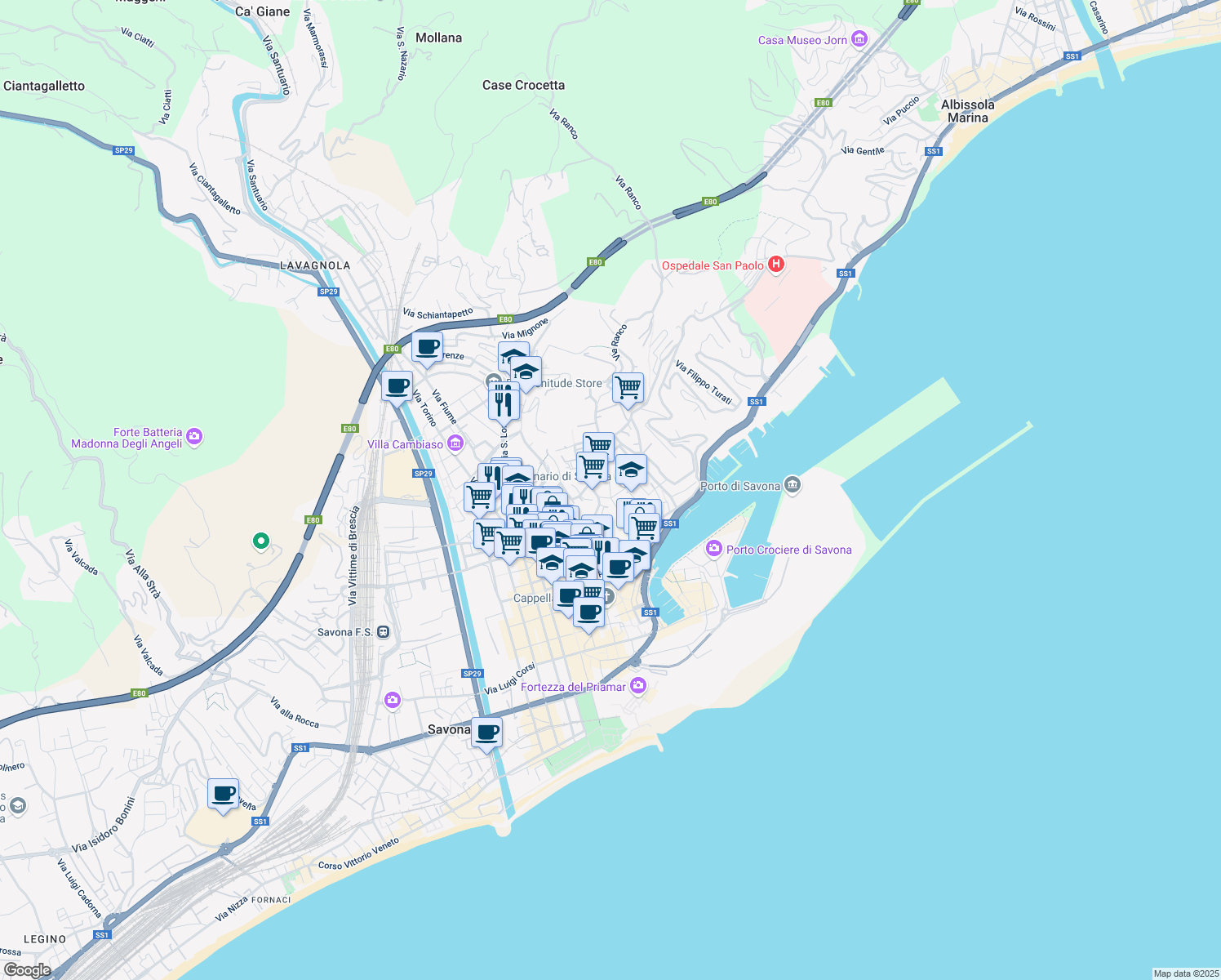 map of restaurants, bars, coffee shops, grocery stores, and more near Via Tommaso Torteroli in Savona