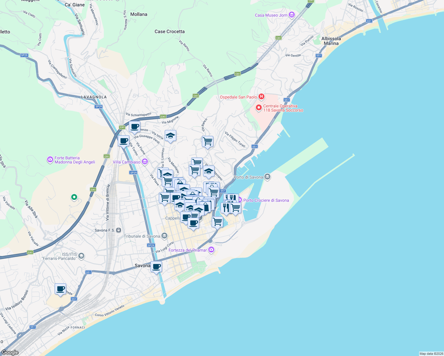 map of restaurants, bars, coffee shops, grocery stores, and more near 2 Via Bonifacio del Vasto in Savona