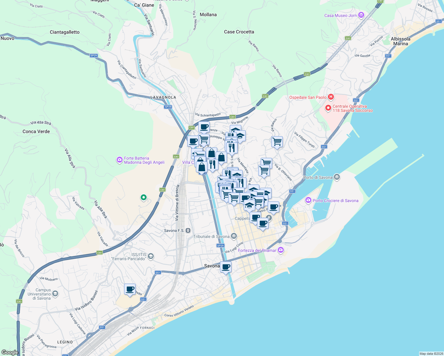 map of restaurants, bars, coffee shops, grocery stores, and more near 14 Via Fratelli Rosselli in Savona