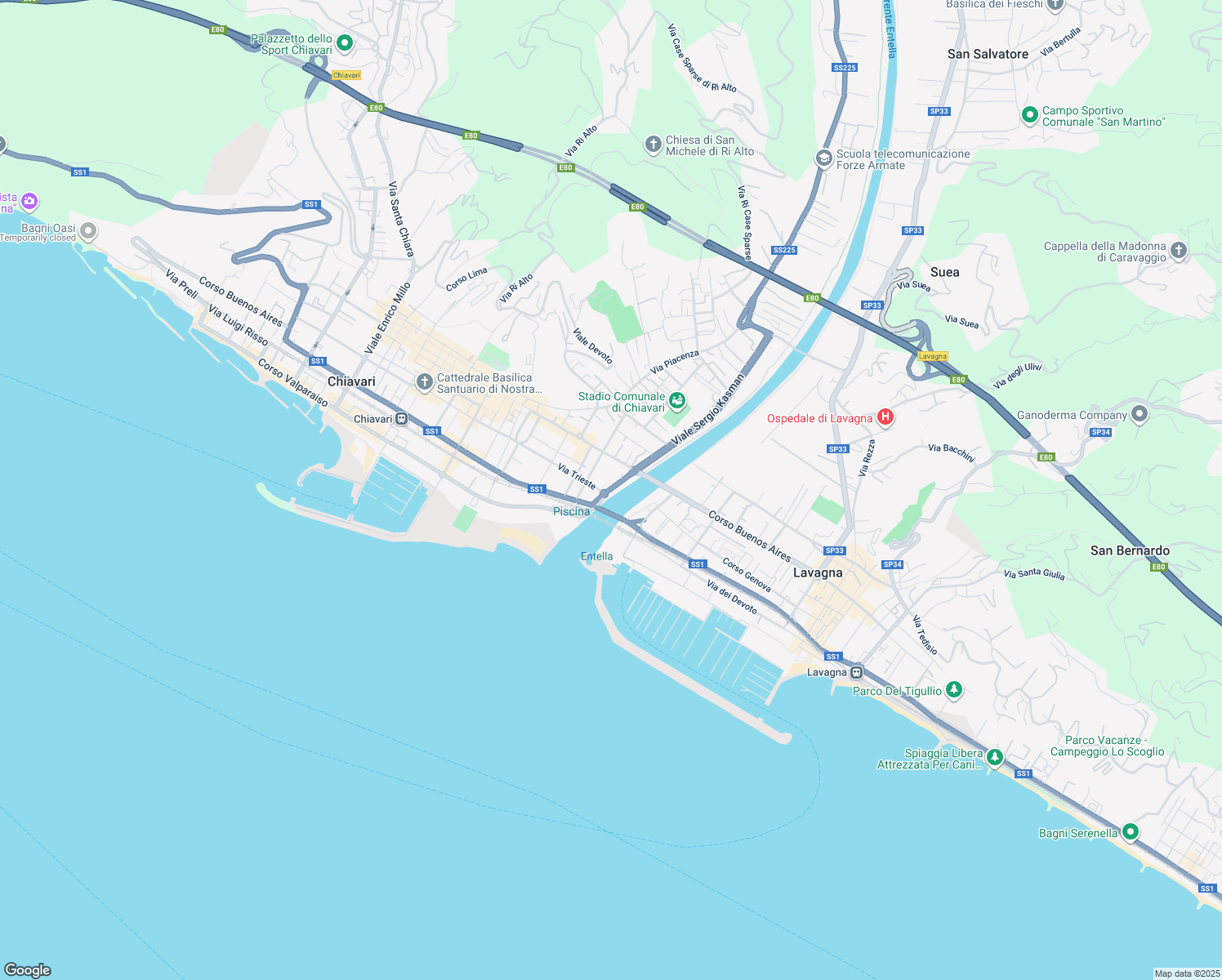 map of restaurants, bars, coffee shops, grocery stores, and more near Viale Guglielmo Marconi in Chiavari