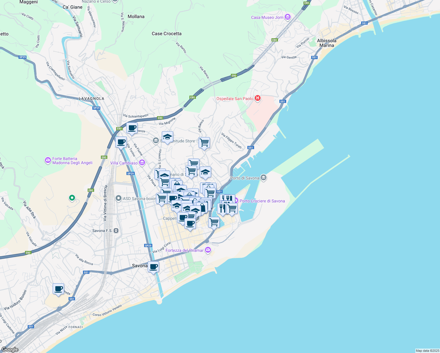 map of restaurants, bars, coffee shops, grocery stores, and more near Salita San Giacomo in Savona