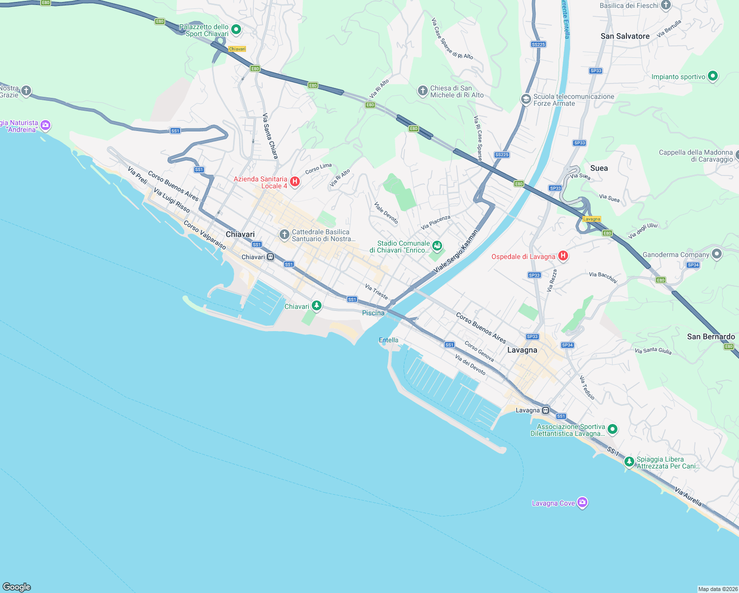 map of restaurants, bars, coffee shops, grocery stores, and more near 54 Via Nazario Sauro in Chiavari