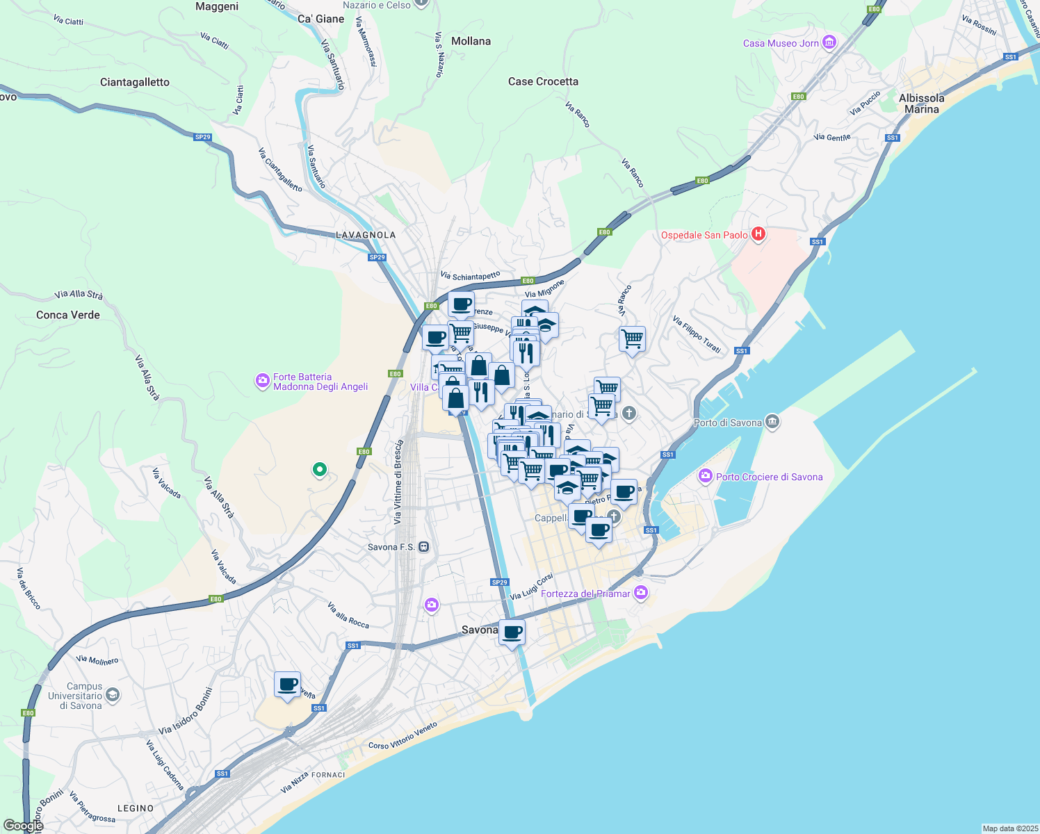 map of restaurants, bars, coffee shops, grocery stores, and more near 14 Via Fratelli Rosselli in Savona