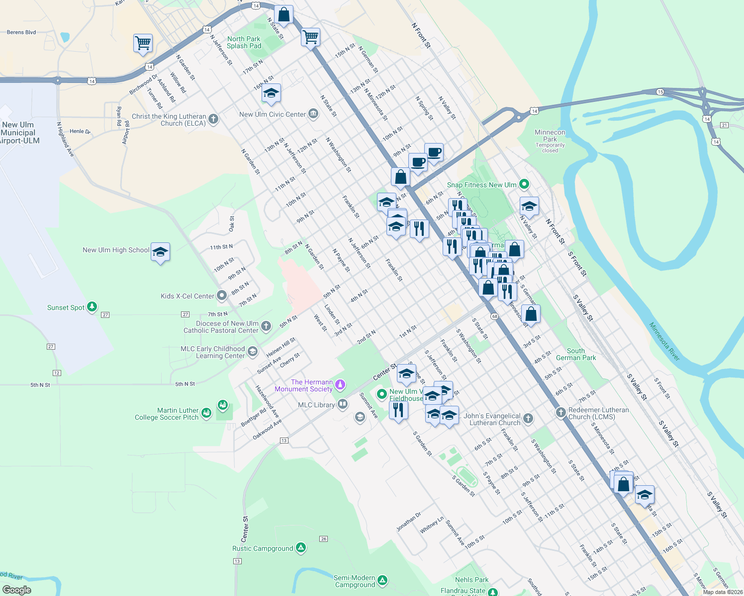 map of restaurants, bars, coffee shops, grocery stores, and more near 318 North Payne Street in New Ulm