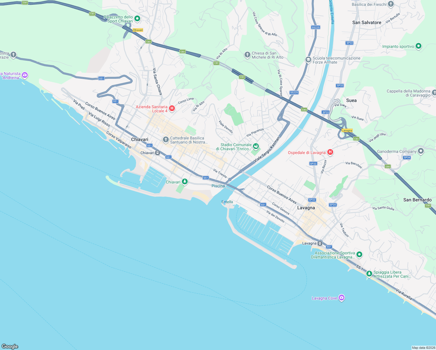 map of restaurants, bars, coffee shops, grocery stores, and more near 54 Via Nazario Sauro in Chiavari