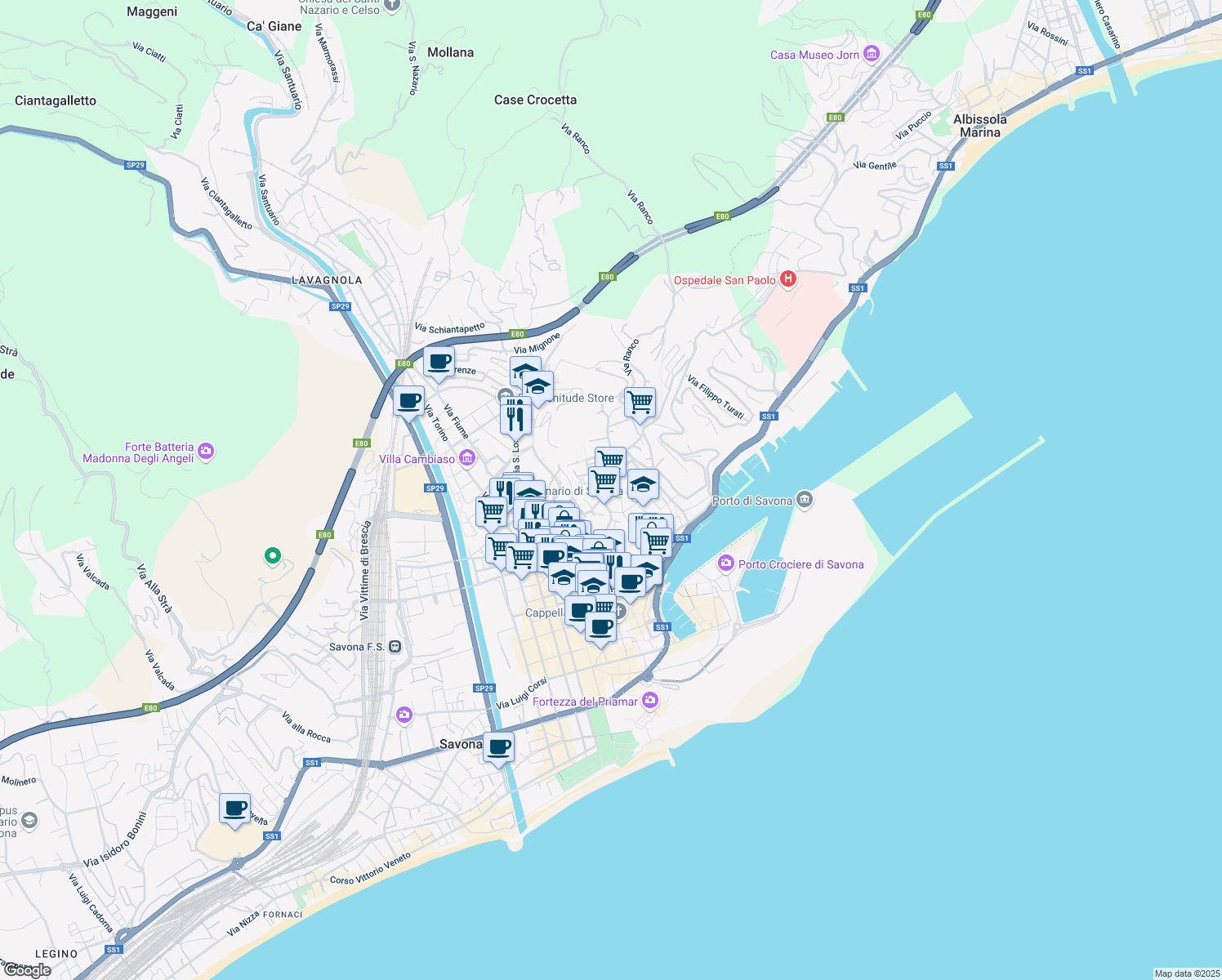 map of restaurants, bars, coffee shops, grocery stores, and more near Via Tommaso Torteroli in Savona