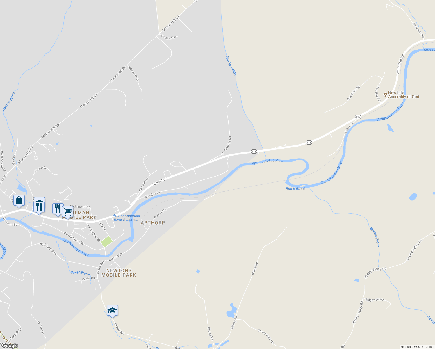 map of restaurants, bars, coffee shops, grocery stores, and more near 337 Old Whitefield Road in Littleton