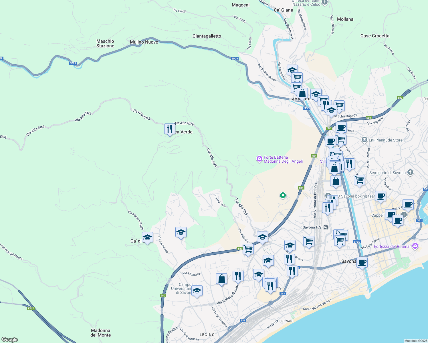 map of restaurants, bars, coffee shops, grocery stores, and more near 17 Via Alla Strà in Provincia di Savona