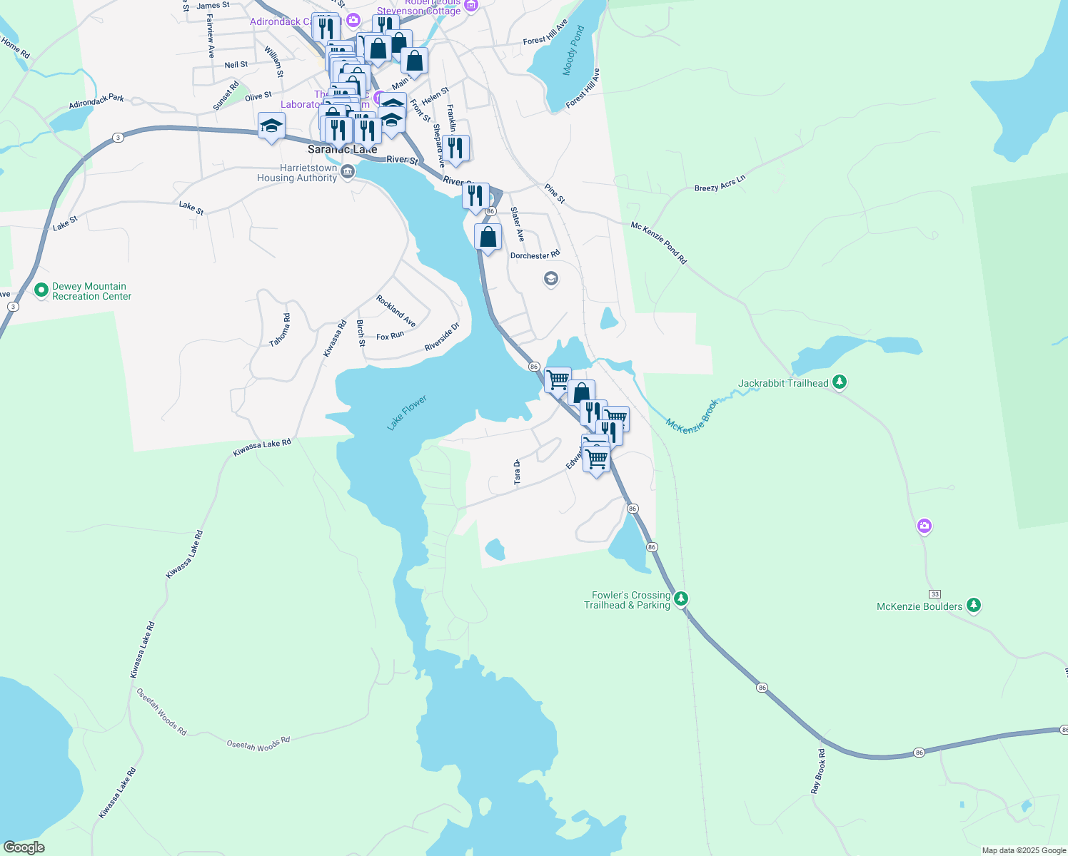 map of restaurants, bars, coffee shops, grocery stores, and more near 26 Duprey St in Saranac Lake