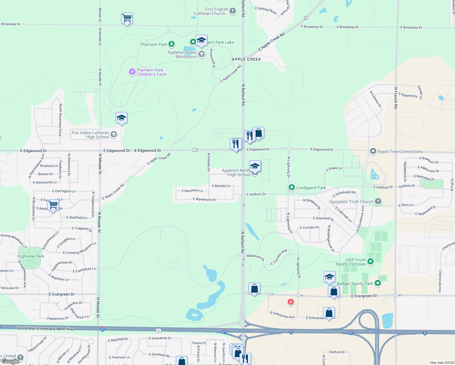 map of restaurants, bars, coffee shops, grocery stores, and more near 1810 East Melody Lane in Appleton