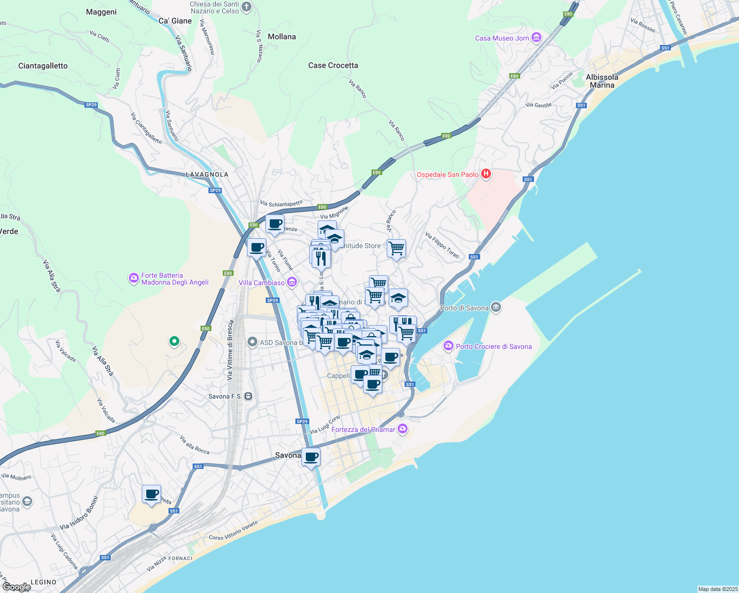 map of restaurants, bars, coffee shops, grocery stores, and more near 41 Via della Tagliata in Savona