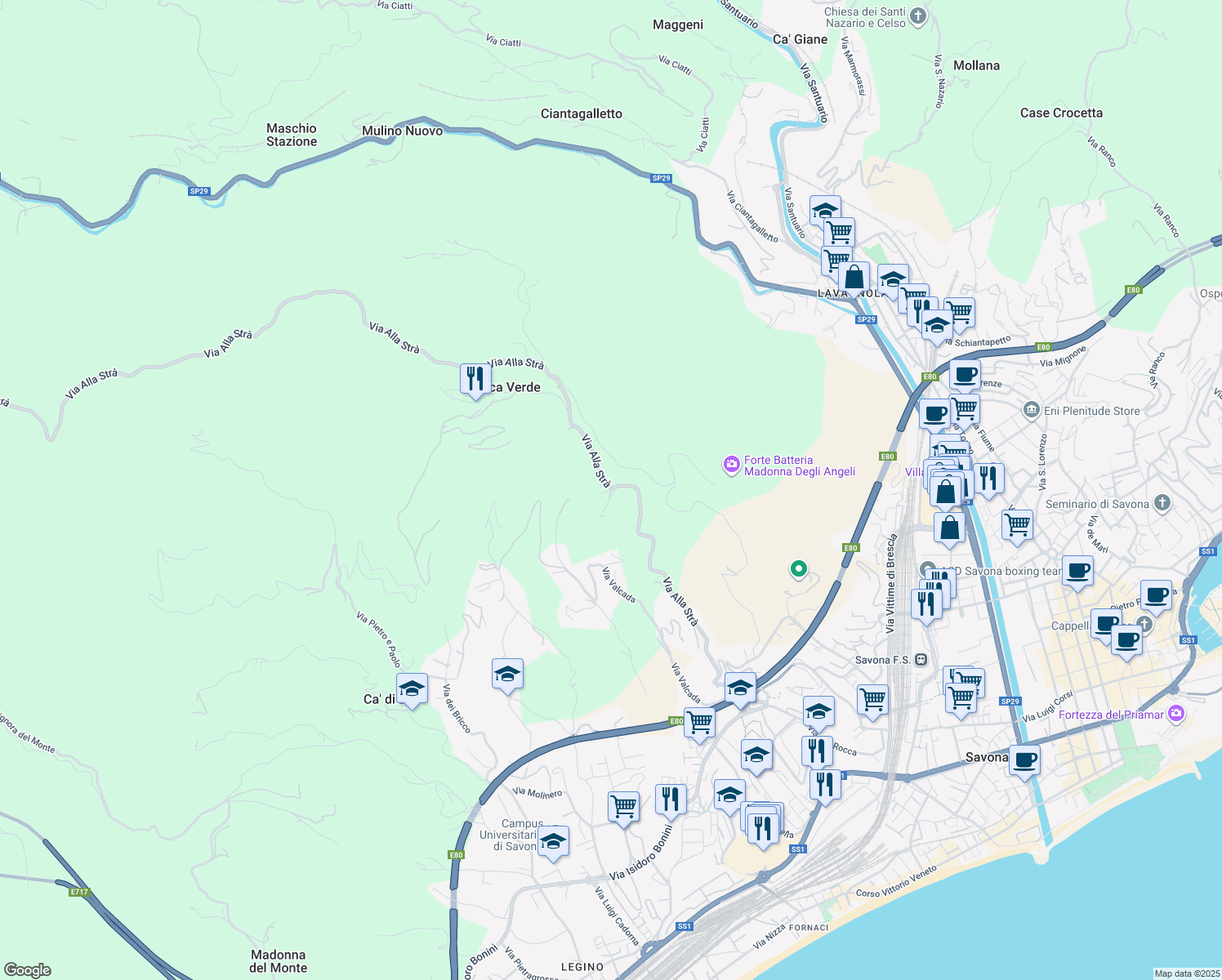 map of restaurants, bars, coffee shops, grocery stores, and more near 17 Via Alla Strà in Provincia di Savona