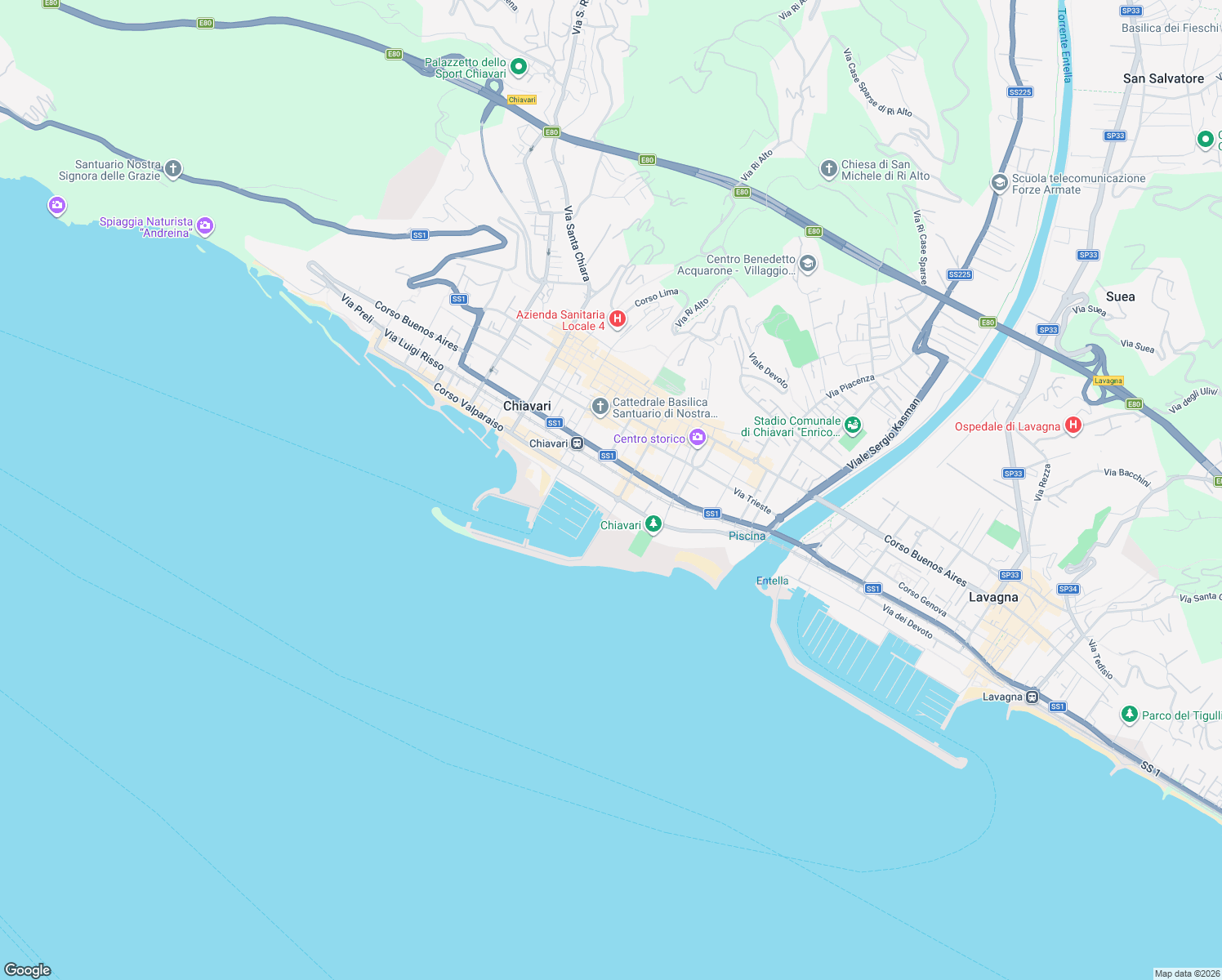 map of restaurants, bars, coffee shops, grocery stores, and more near 34 Via Porto Turistico in Chiavari