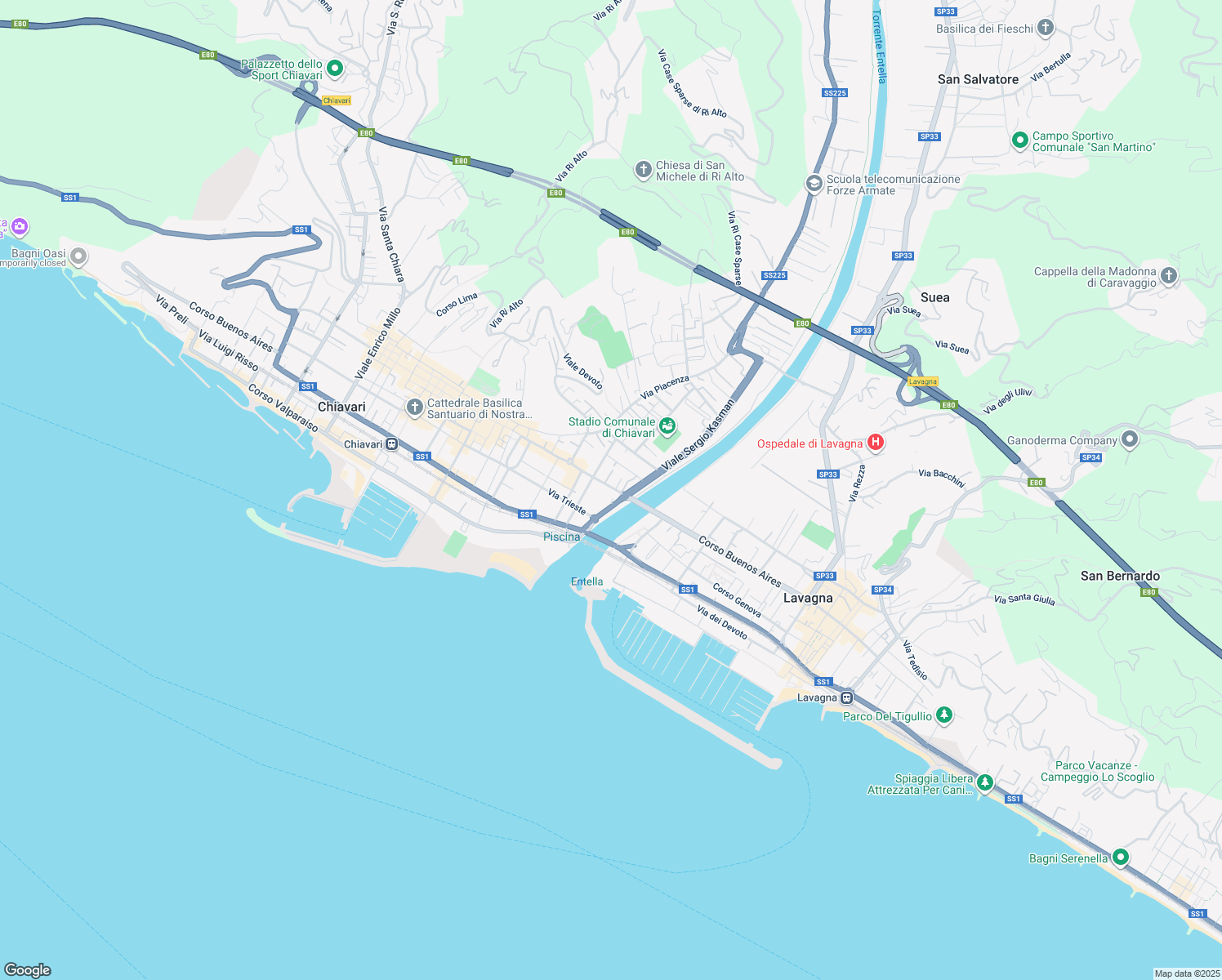 map of restaurants, bars, coffee shops, grocery stores, and more near Viale Guglielmo Marconi in Chiavari