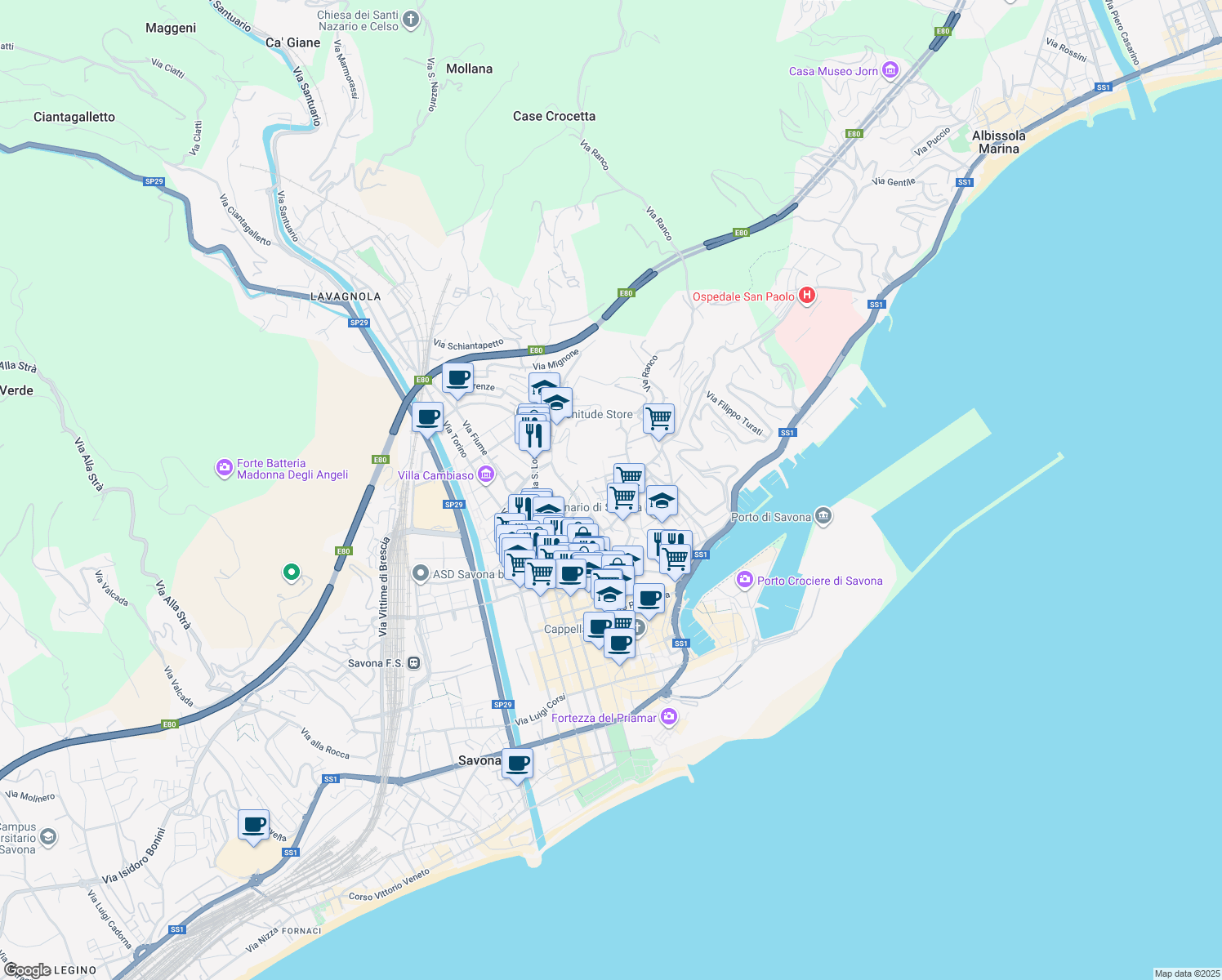 map of restaurants, bars, coffee shops, grocery stores, and more near 41 Via della Tagliata in Savona
