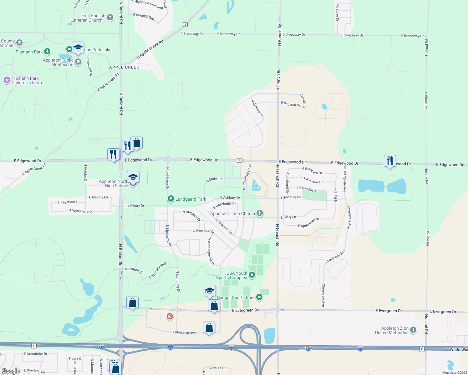 map of restaurants, bars, coffee shops, grocery stores, and more near 4908 N Redcrested Ct in Appleton