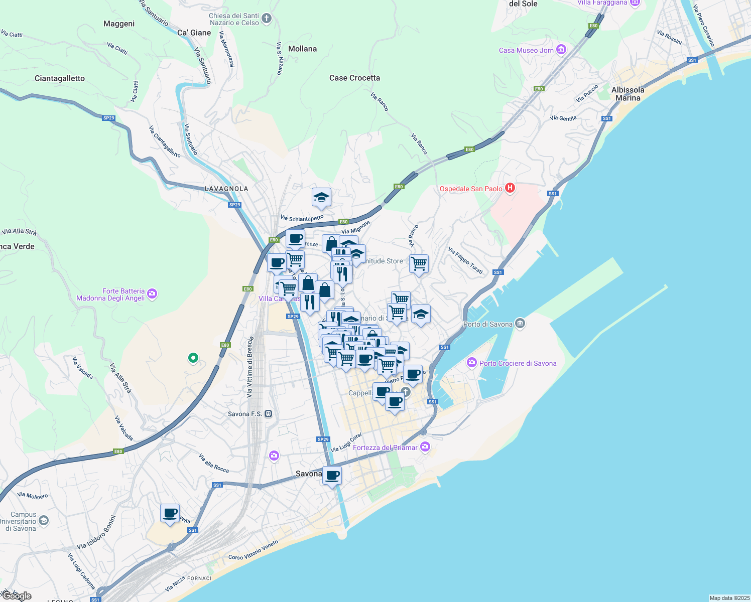 map of restaurants, bars, coffee shops, grocery stores, and more near 2 Via Nino Oxilia in Savona