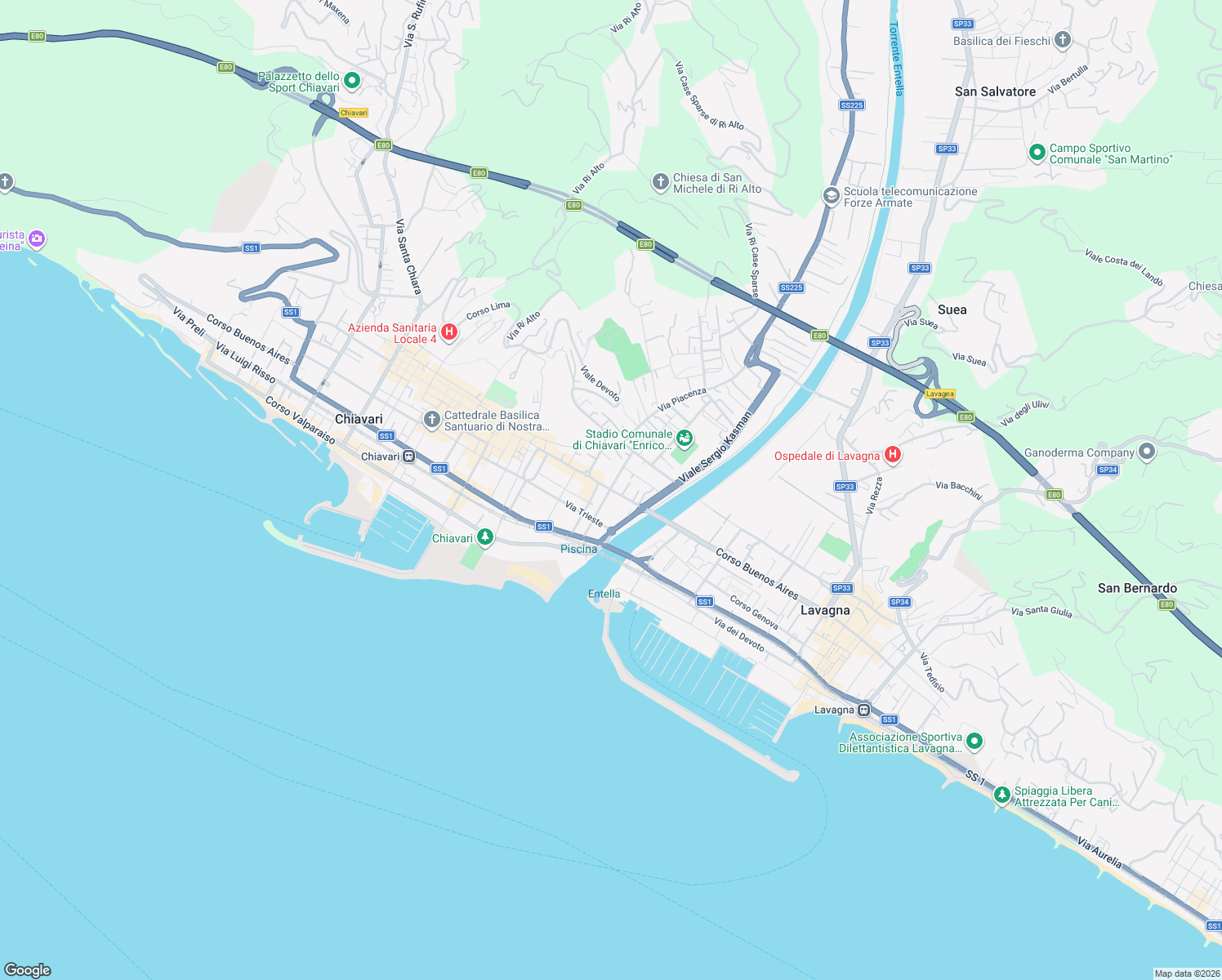 map of restaurants, bars, coffee shops, grocery stores, and more near 113A Corso Dante Alighieri in Chiavari