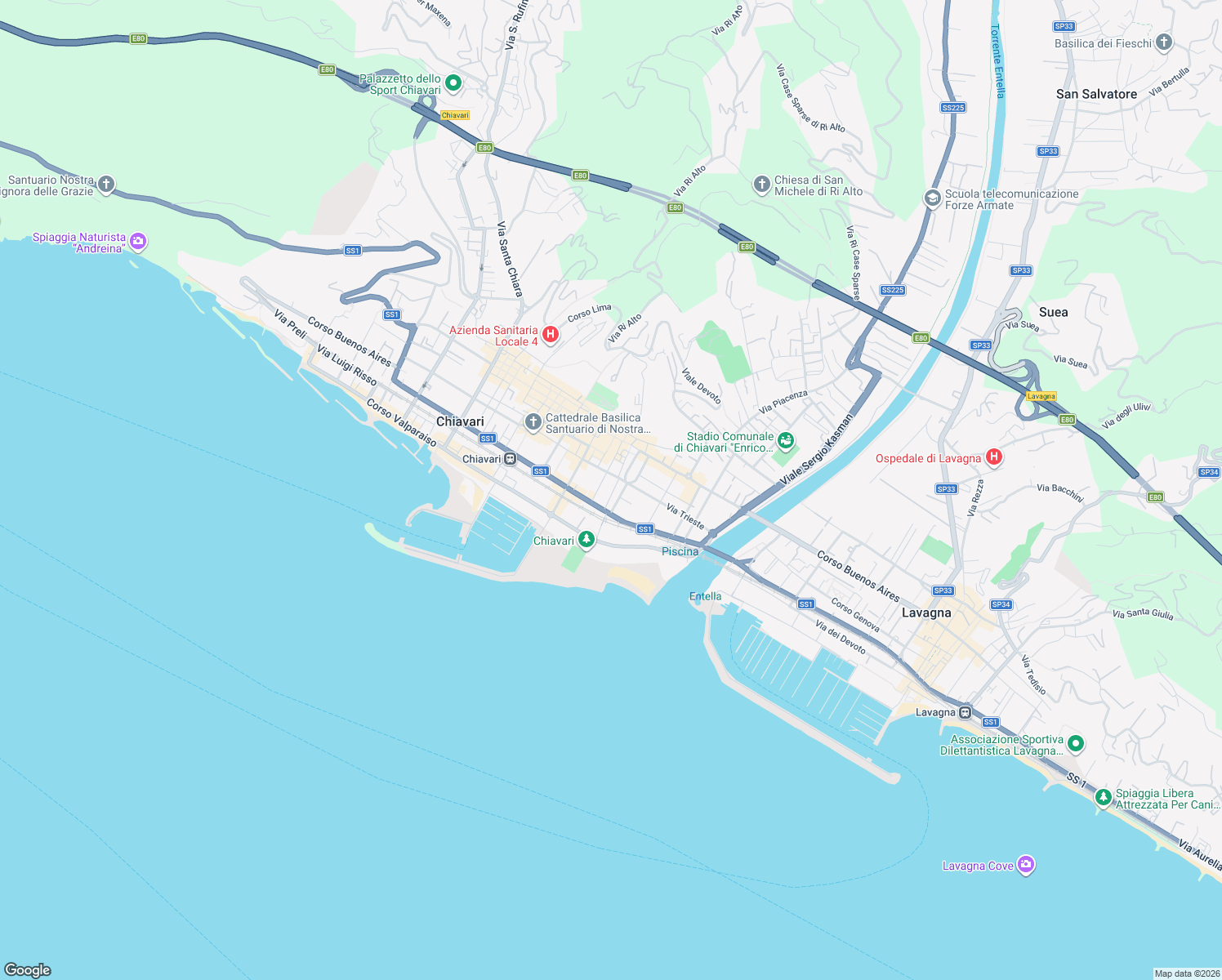 map of restaurants, bars, coffee shops, grocery stores, and more near 24 Via Nino Bixio in Chiavari