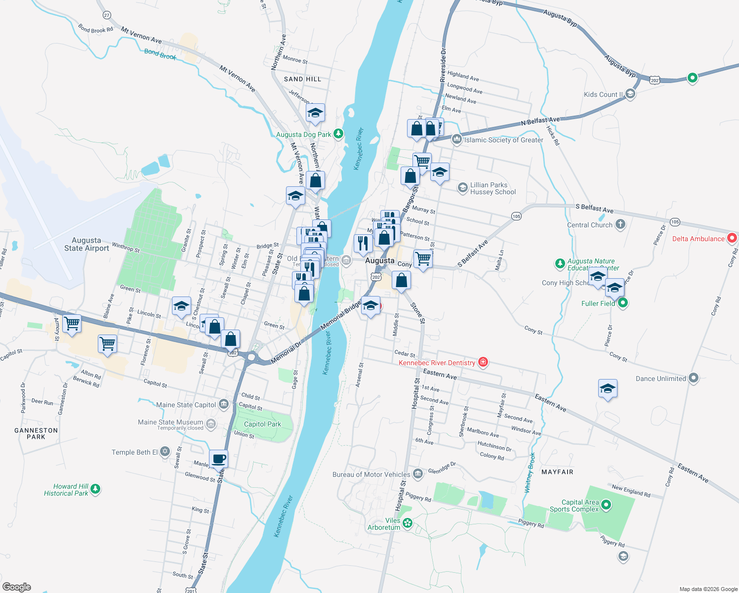 map of restaurants, bars, coffee shops, grocery stores, and more near 28 Arsenal Street in Augusta