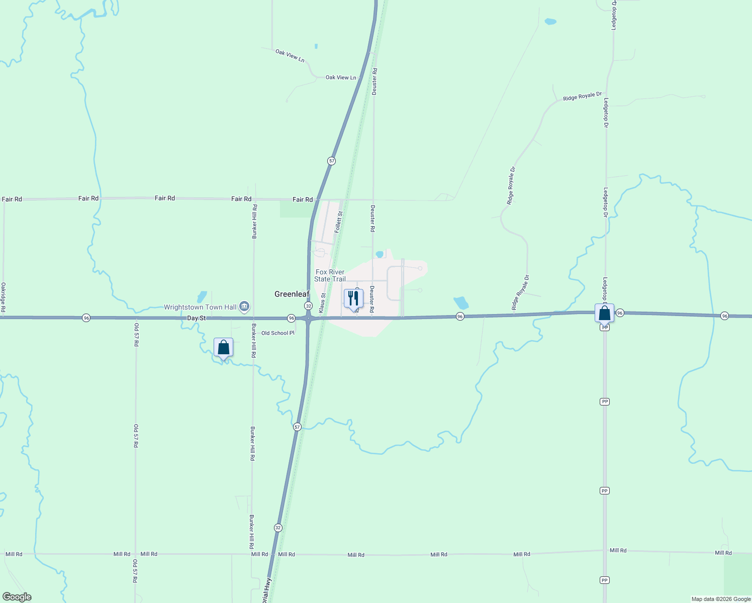 map of restaurants, bars, coffee shops, grocery stores, and more near 6781 Deuster Road in Greenleaf
