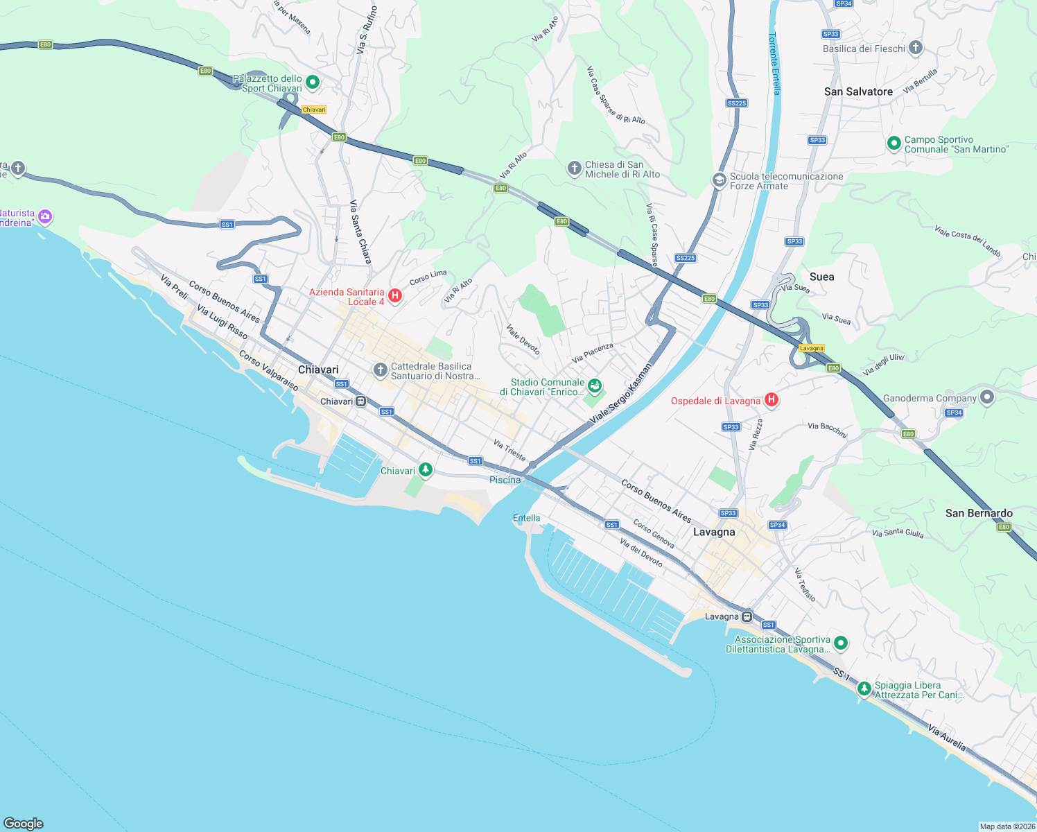 map of restaurants, bars, coffee shops, grocery stores, and more near 113A Corso Dante in Chiavari