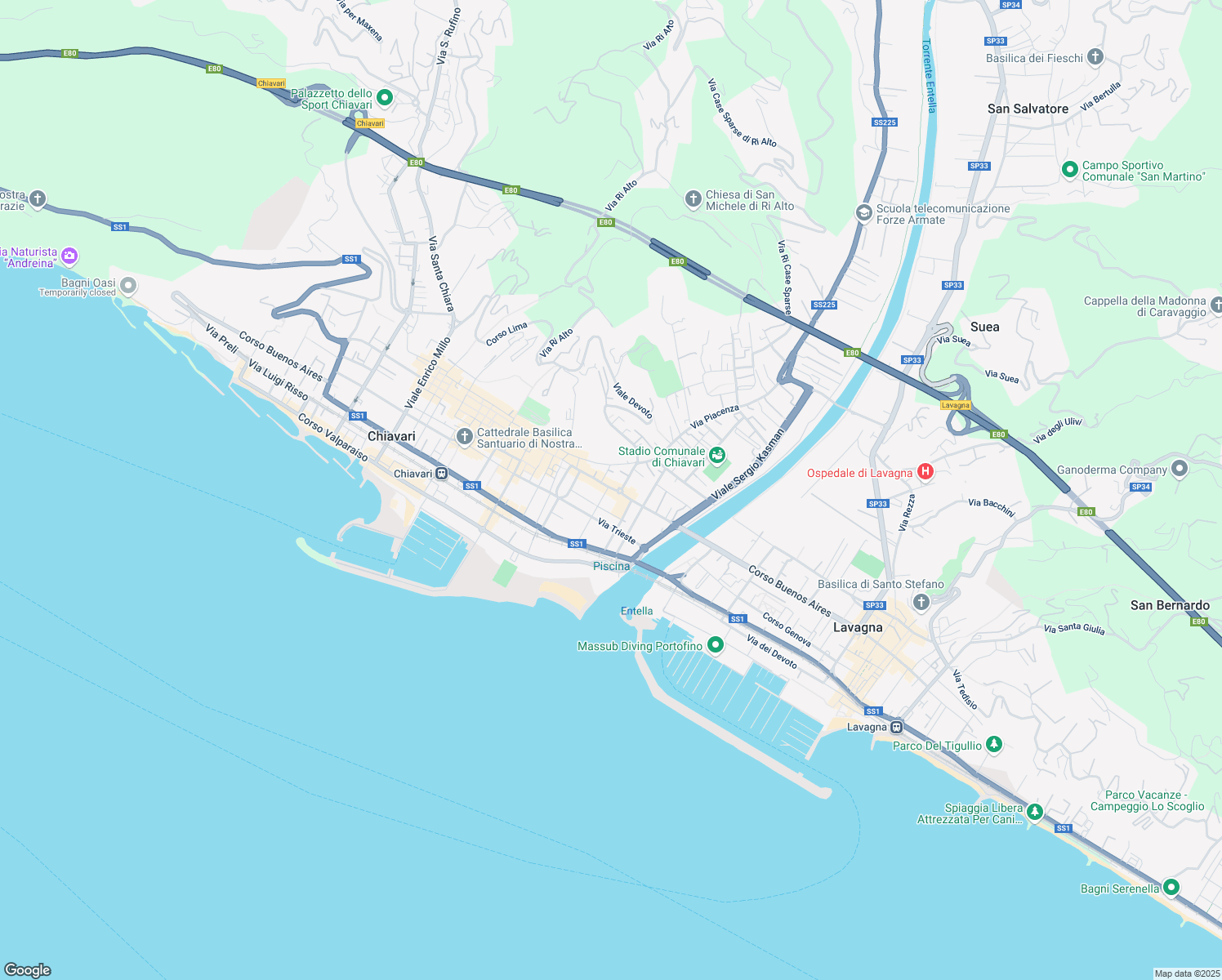 map of restaurants, bars, coffee shops, grocery stores, and more near 74 Corso Dante in Chiavari