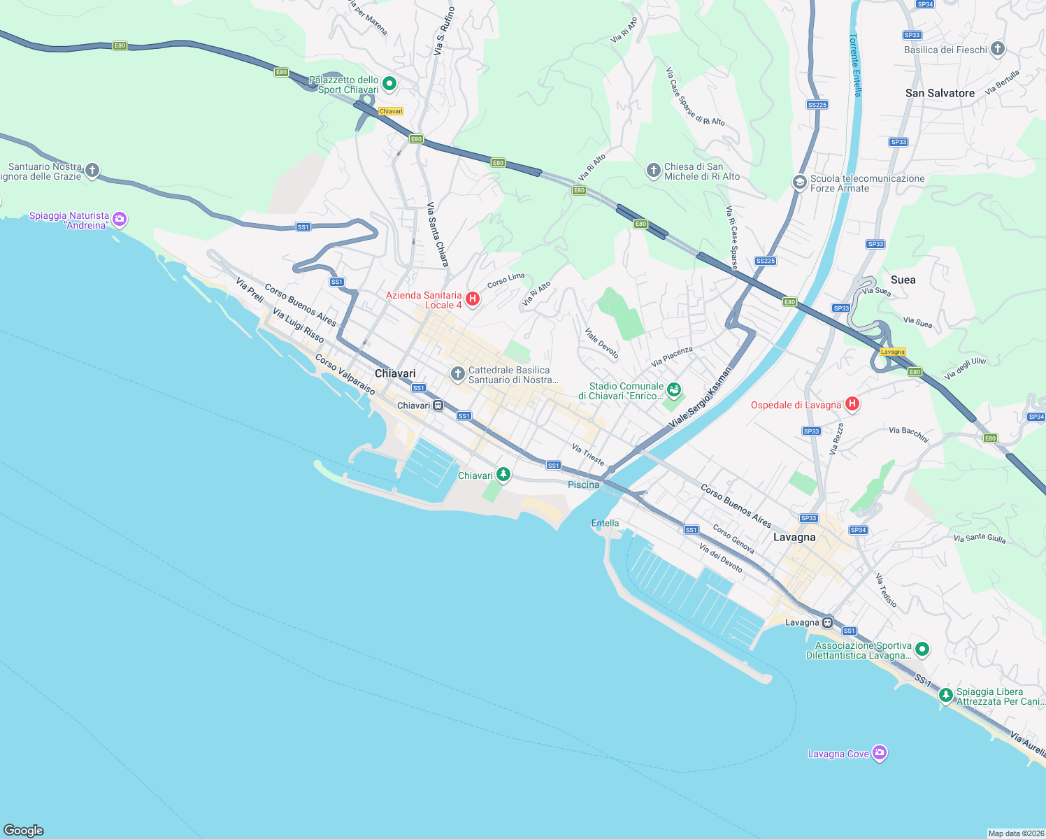 map of restaurants, bars, coffee shops, grocery stores, and more near 24 Via Nino Bixio in Chiavari