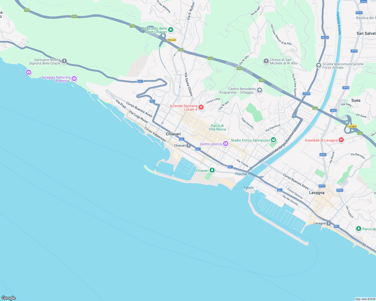 map of restaurants, bars, coffee shops, grocery stores, and more near Piazza Leonardi in Chiavari