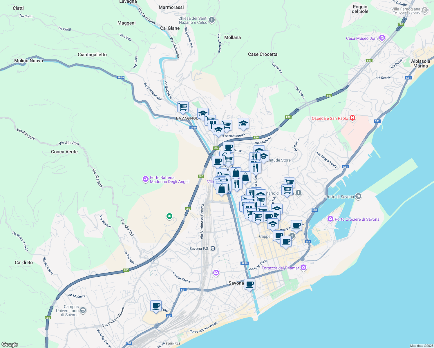 map of restaurants, bars, coffee shops, grocery stores, and more near 44 Corso Agostino Ricci in Savona