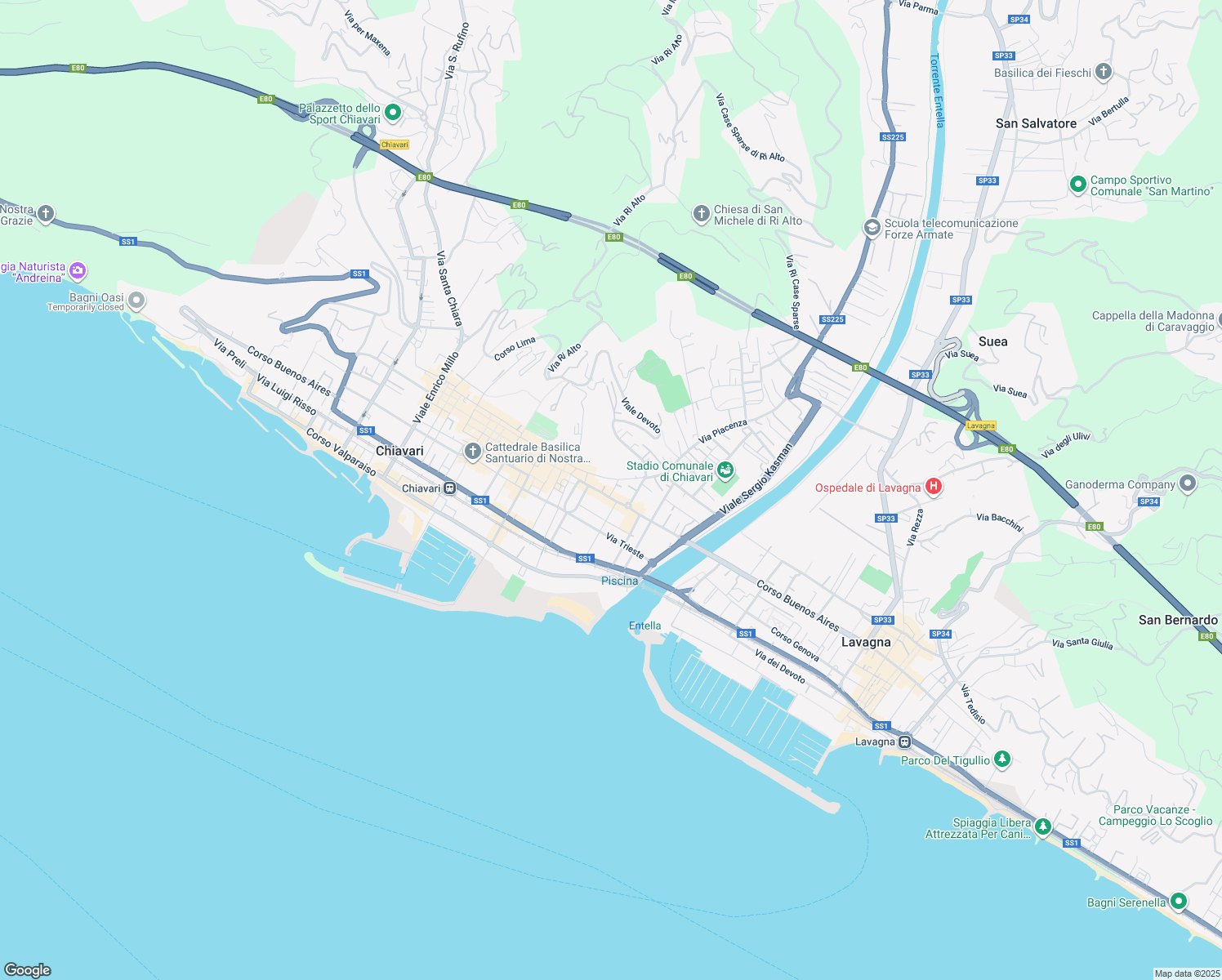 map of restaurants, bars, coffee shops, grocery stores, and more near 74 Corso Dante in Chiavari