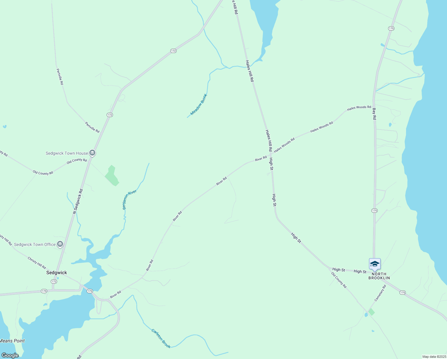 map of restaurants, bars, coffee shops, grocery stores, and more near 158 River Road in Brooklin