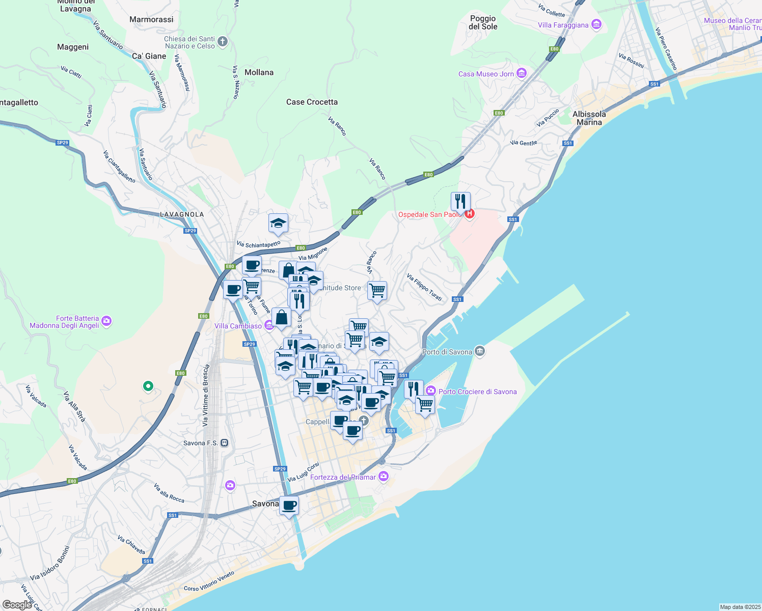map of restaurants, bars, coffee shops, grocery stores, and more near 17 Via Giovanni Amendola in Savona