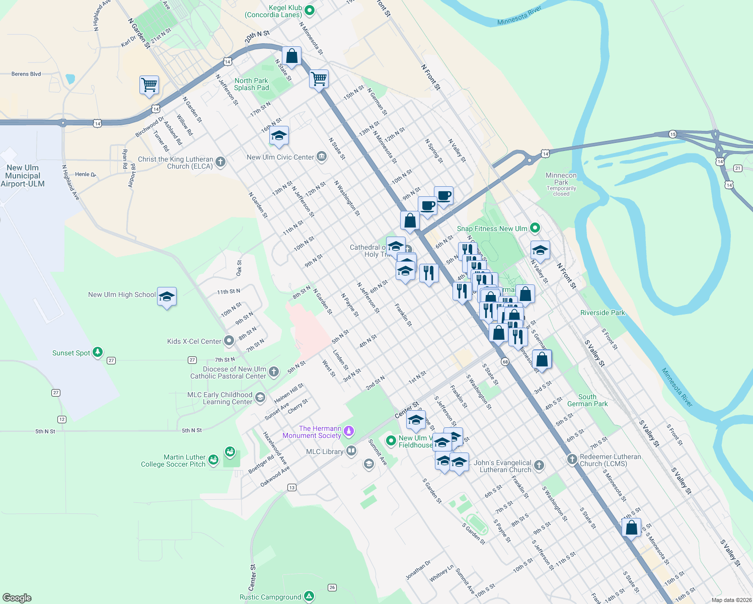 map of restaurants, bars, coffee shops, grocery stores, and more near 512 North Jefferson Street in New Ulm