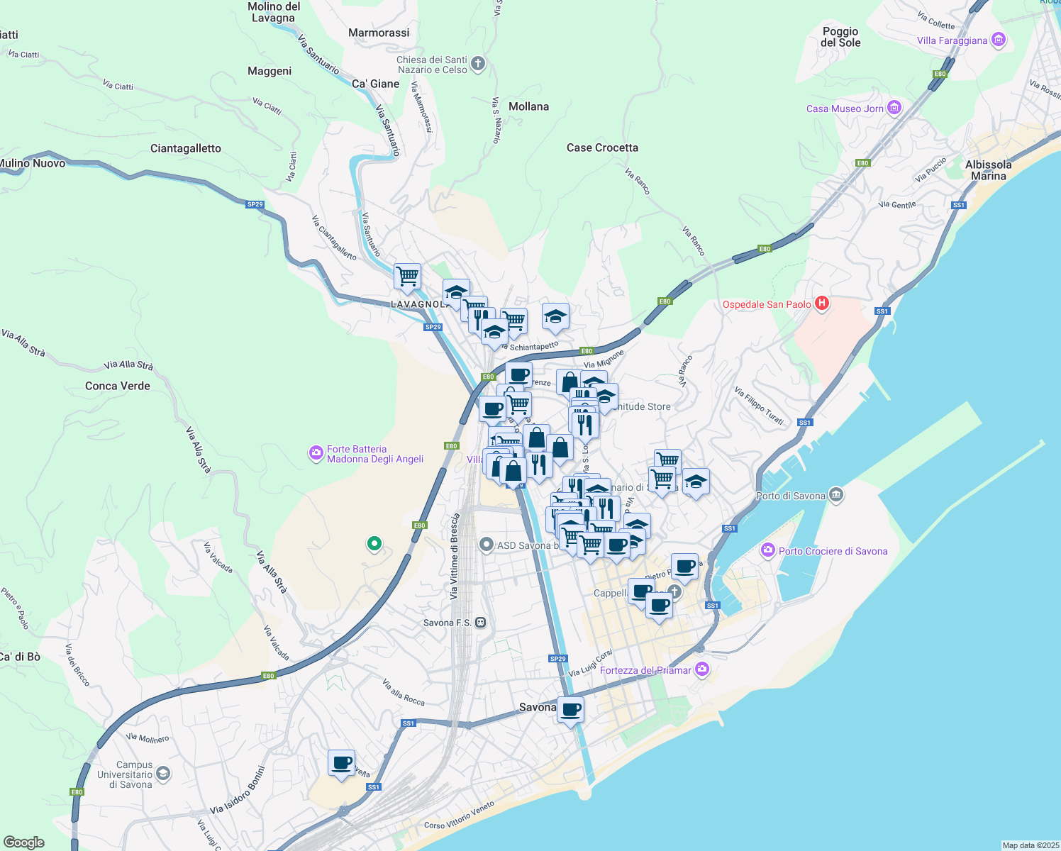 map of restaurants, bars, coffee shops, grocery stores, and more near 19 Via Amalfi in Savona