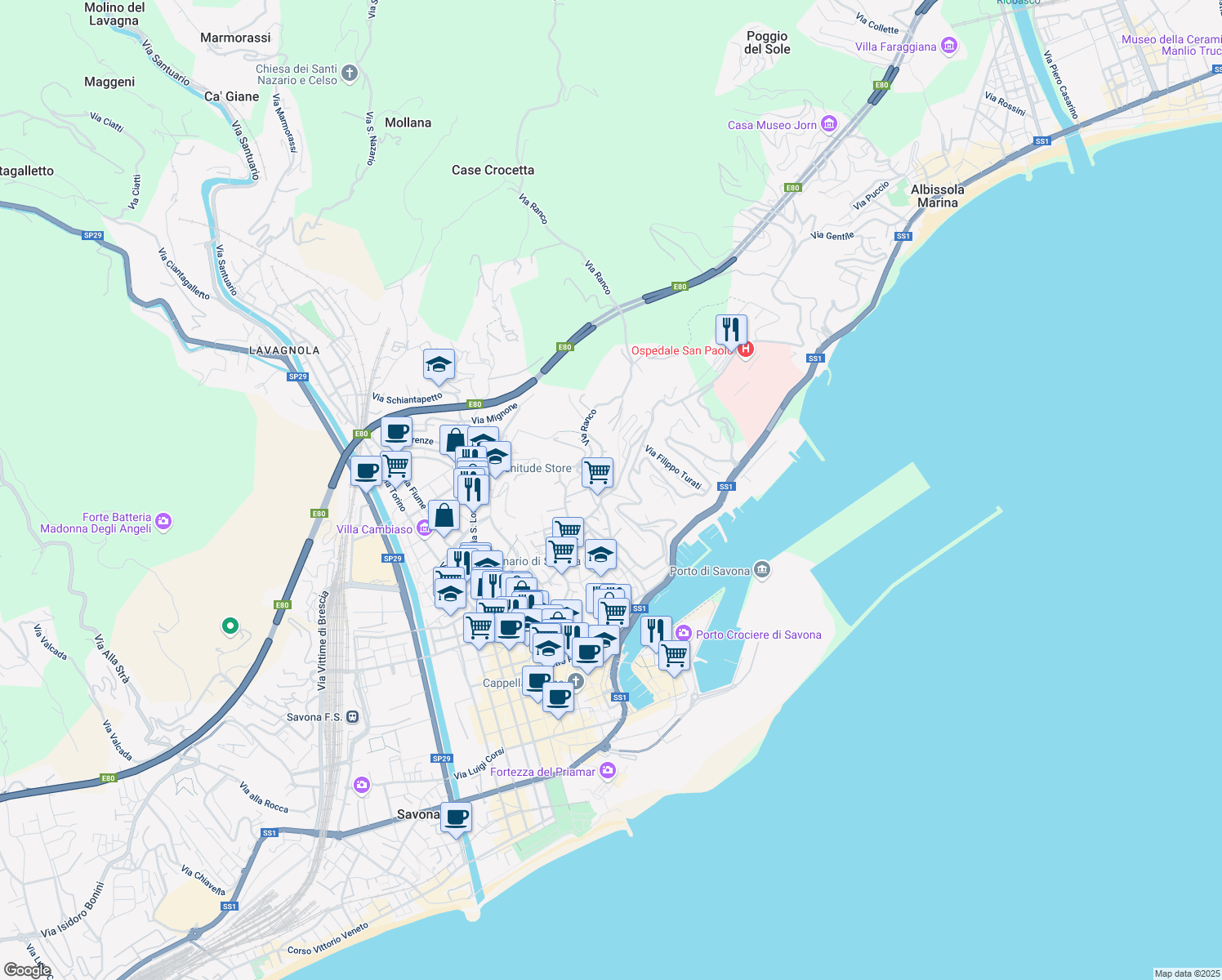 map of restaurants, bars, coffee shops, grocery stores, and more near 17 Via Giovanni Amendola in Savona