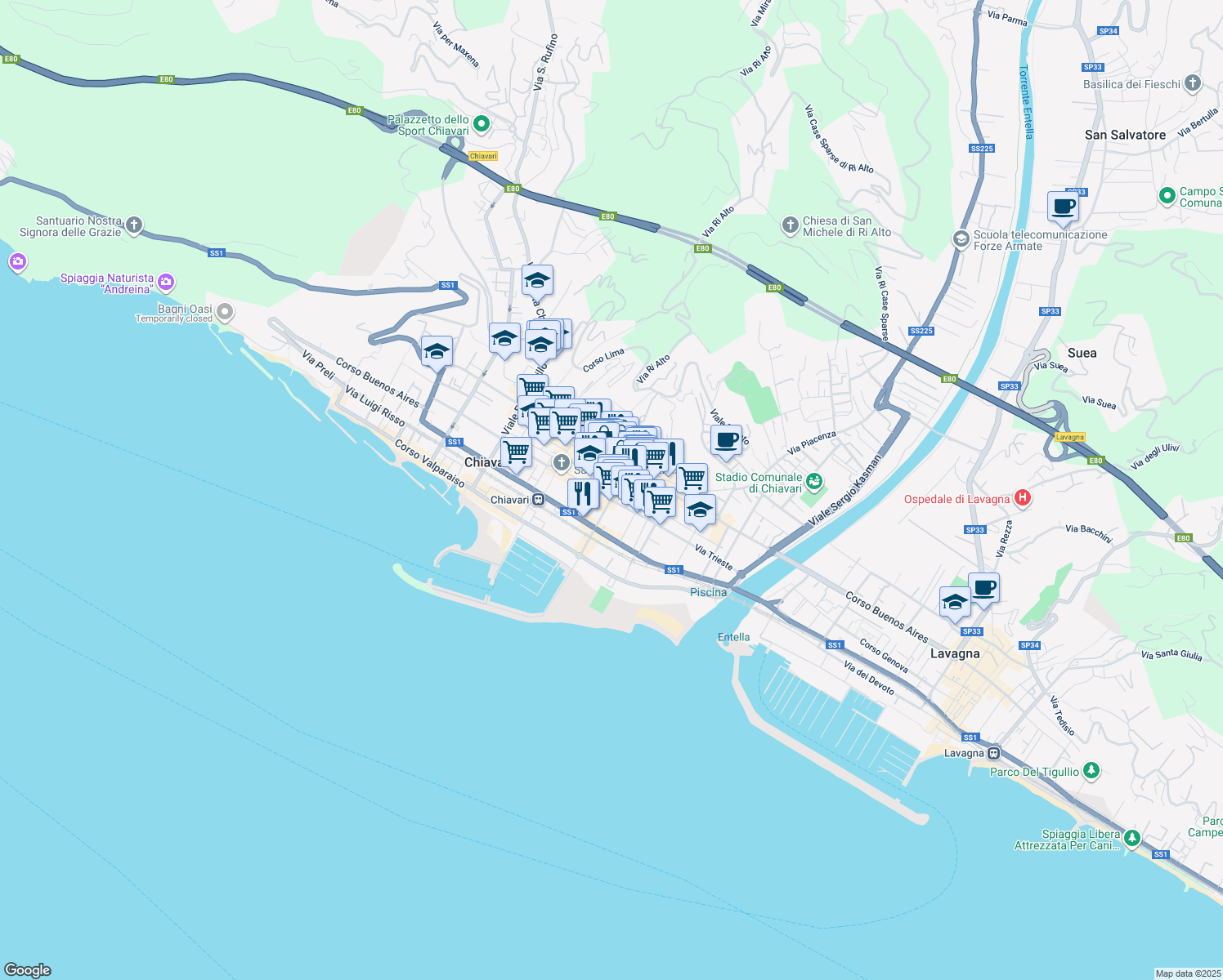 map of restaurants, bars, coffee shops, grocery stores, and more near 10A Corso Giuseppe Garibaldi in Chiavari