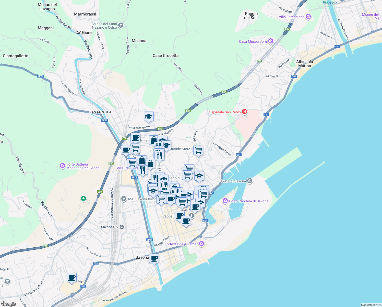 map of restaurants, bars, coffee shops, grocery stores, and more near 4 Via Loreto Vecchia in Savona