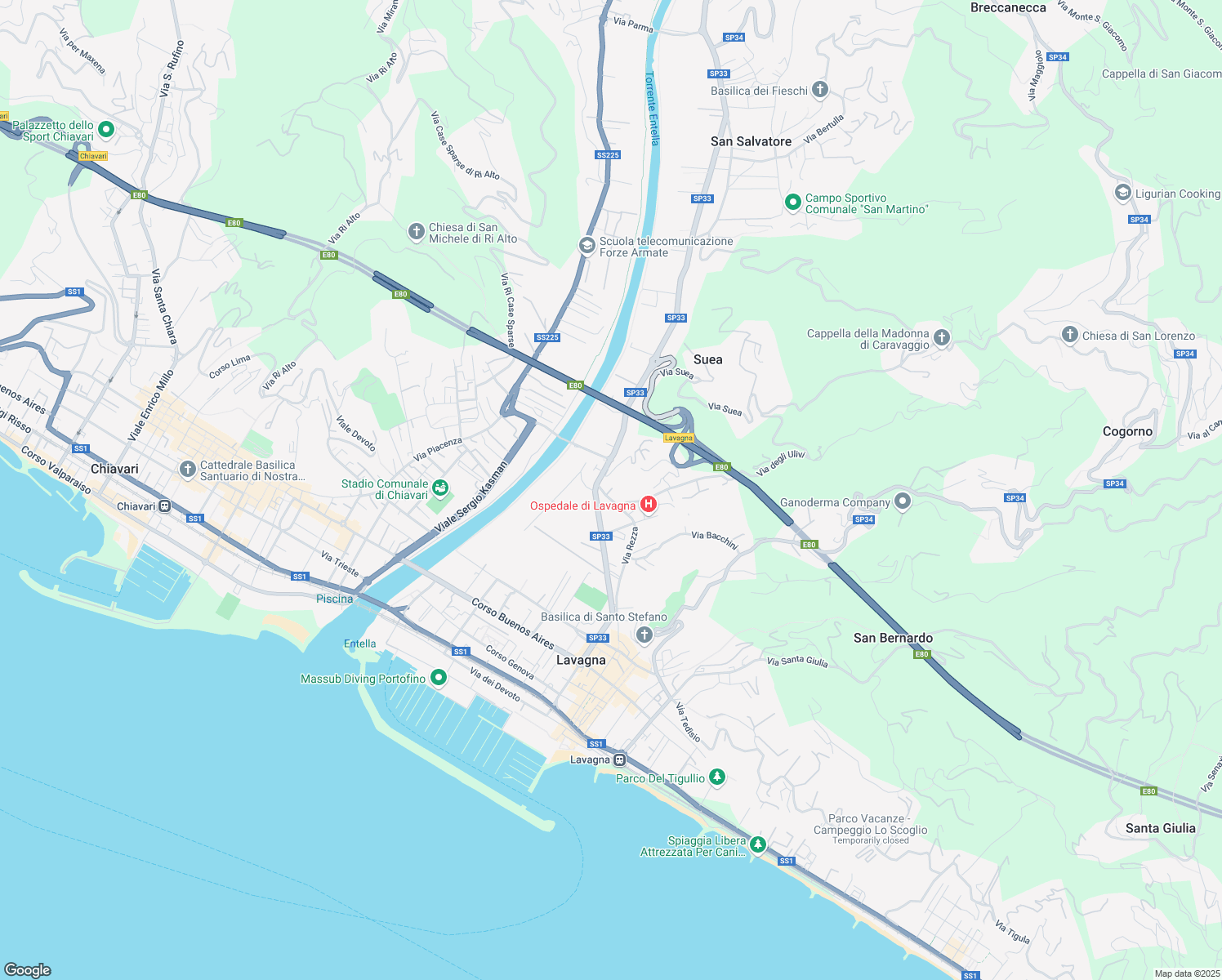 map of restaurants, bars, coffee shops, grocery stores, and more near Salita San Rocco in Lavagna